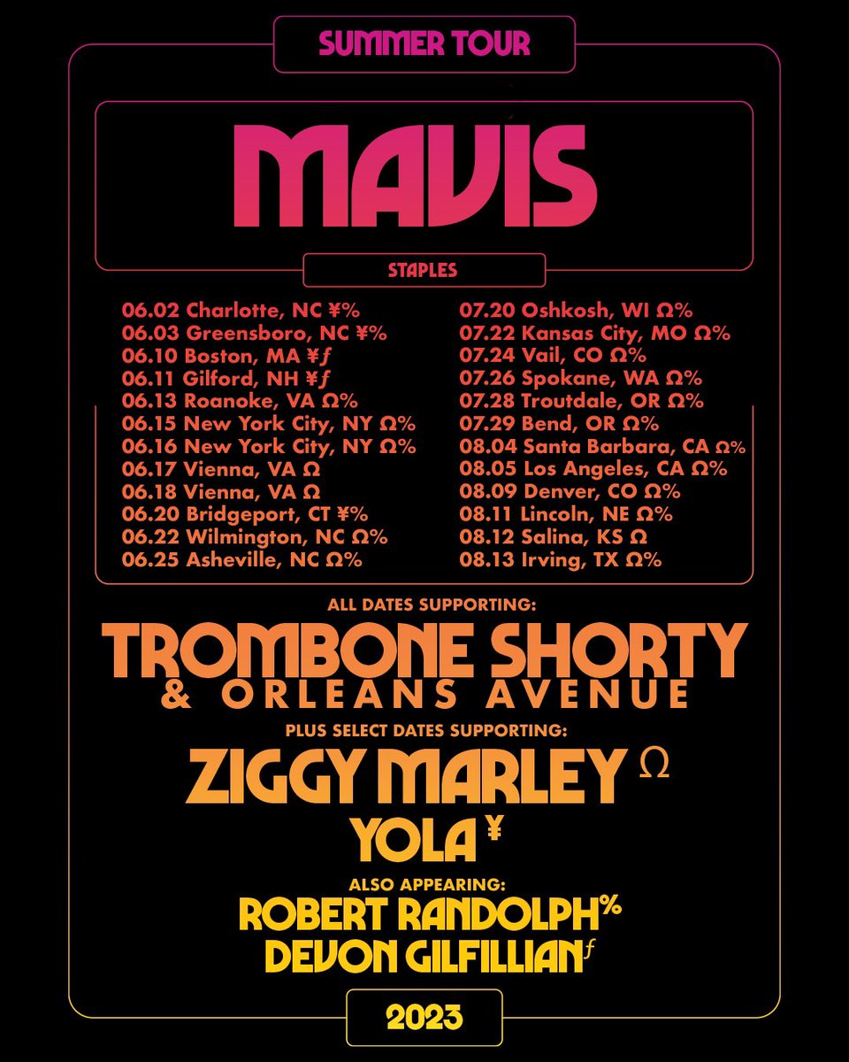 Absolutely thrilled to being joining @Tromboneshorty and @ziggymarley alongside @iamyola, @robertrandolph and @DevonGilfillian all summer long! Pre-sale begins tomorrow, Feb. 17 at 10am local. See y'all soon! All tickets + info at mavisstaples.com