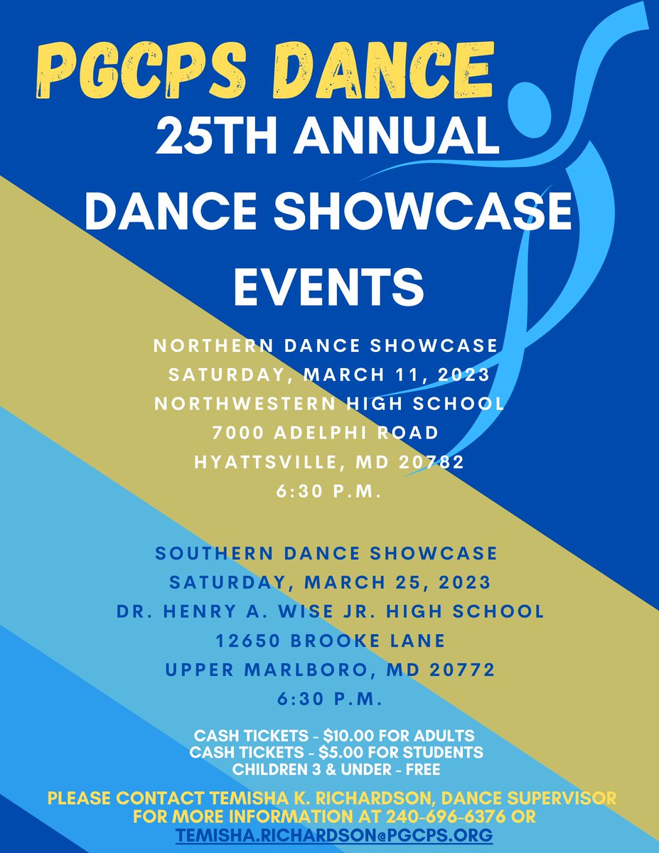 The PGCPS 25th Annual Dance Showcase events will take place on Saturday, March 11th and Saturday, March 25th, 2023. Students will engage in various master dance classes throughout the day and have an in-person evening performance at 6:30 p.m. on each day. <a href="/pgcps/">PGCPS</a>
@PGCPS_DCPA