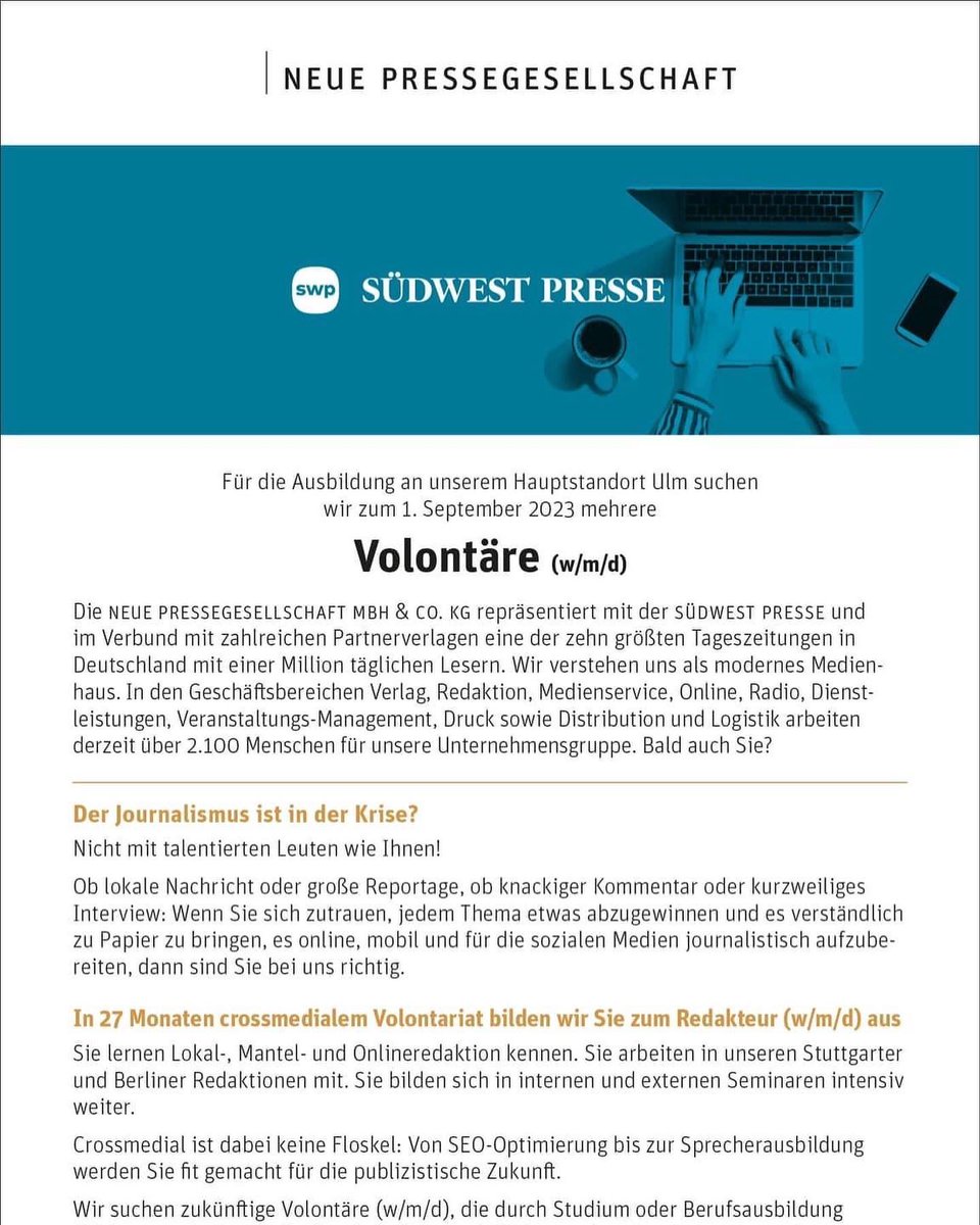 JudithConrady's tweet photo. Ich bin ein bisschen befangen, kann es aber wärmstens empfehlen: (Tarif-)Volontariat bei der SÜDWEST PRESSE @SWPde - eine fundierte journalistische Ausbildung, die auch sehr viel Spaß macht. Fragen gern an mich! Bewerben kann man sich hier: https://t.co/etGEODtKFo https://t.co/flloFMYwWP
