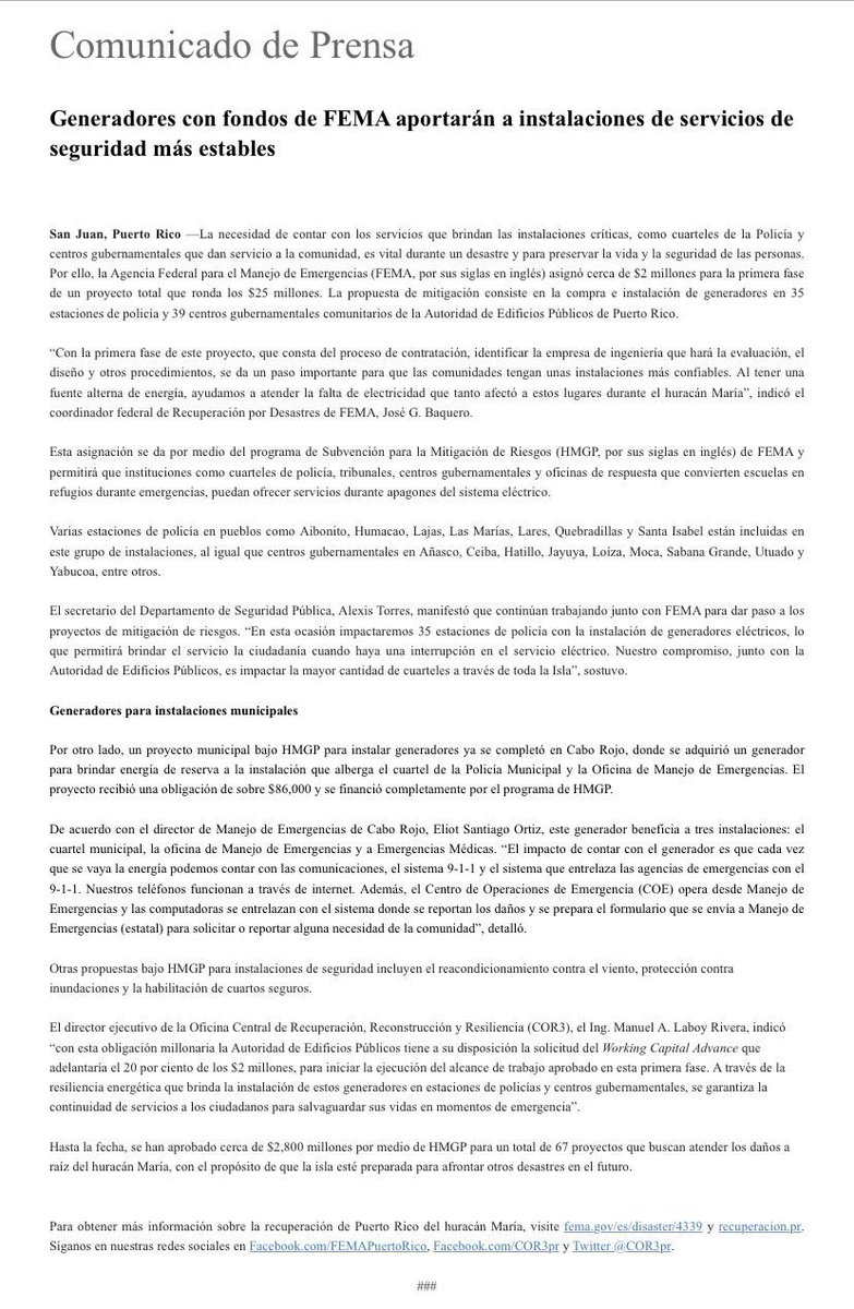 #FondosFederalesenAcción 
$2 millones para la primera fase de un proyecto total de cerca de $25 millones por parte d FEMA para la compra e instalación de generadores en 35 estaciones de policía y 39 centros gubernamentales comunitarios de la Autoridad de Edificios Públicos de 🇵🇷.