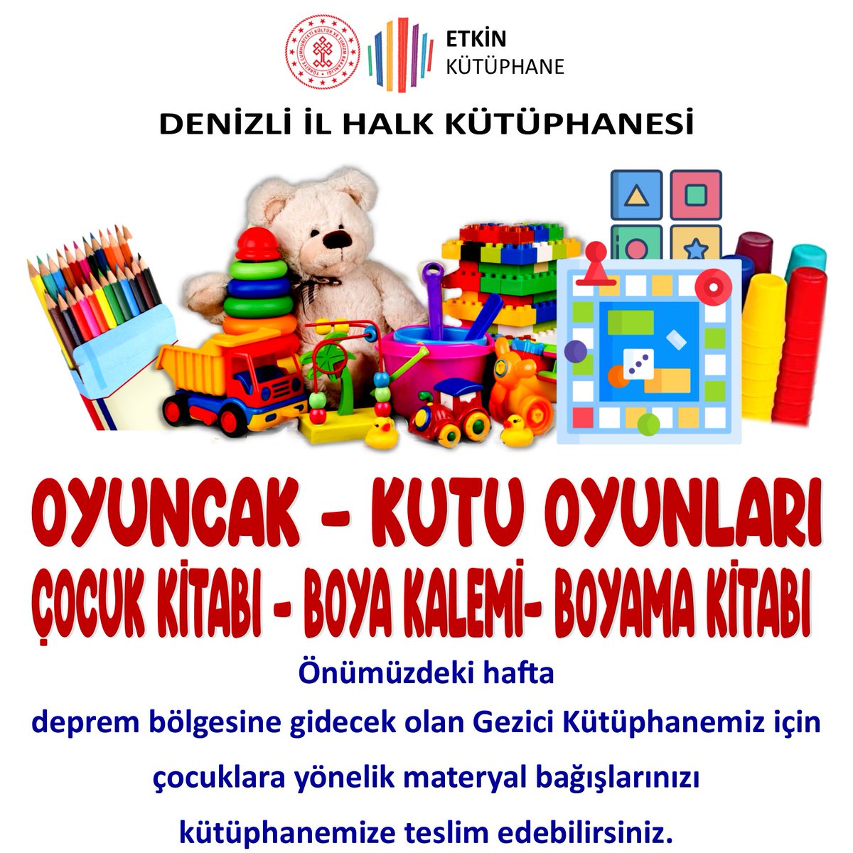 Önümüzdeki hafta deprem bölgesine gidecek olan Gezici Kütüphanemiz için çocuklara yönelik materyal bağışlarınızı kütüphanemize teslim edebilirsiniz. <a href="/iktm20/">Denizli İl Kültür ve Turizm Müdürlüğü</a>  @turhanveliakyol 
@denizlibld <a href="/osmanzolan/">Osman ZOLAN 🇹🇷</a> 
<a href="/DenizliValiligi/">T.C.Denizli Valiliği 🇹🇷</a>  <a href="/alifuatatiktr/">Ali Fuat Atik</a>  
@ktbkygm @aliodabas08 
@ahmetmisbah
