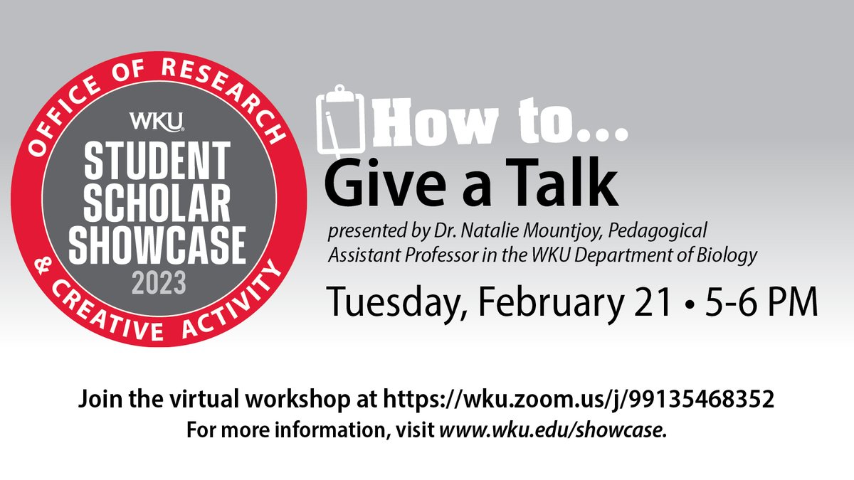 wkuogden's tweet image. Interested in improving your presentation skills?

Join the virtual workshop &quot;How to Give a Talk&quot; presented by Dr. Natalie Mountjoy from @wkubiology where students will learn about knowing an audience, building your presentation, practicing delivery, and handling a Q&amp;amp;A session.