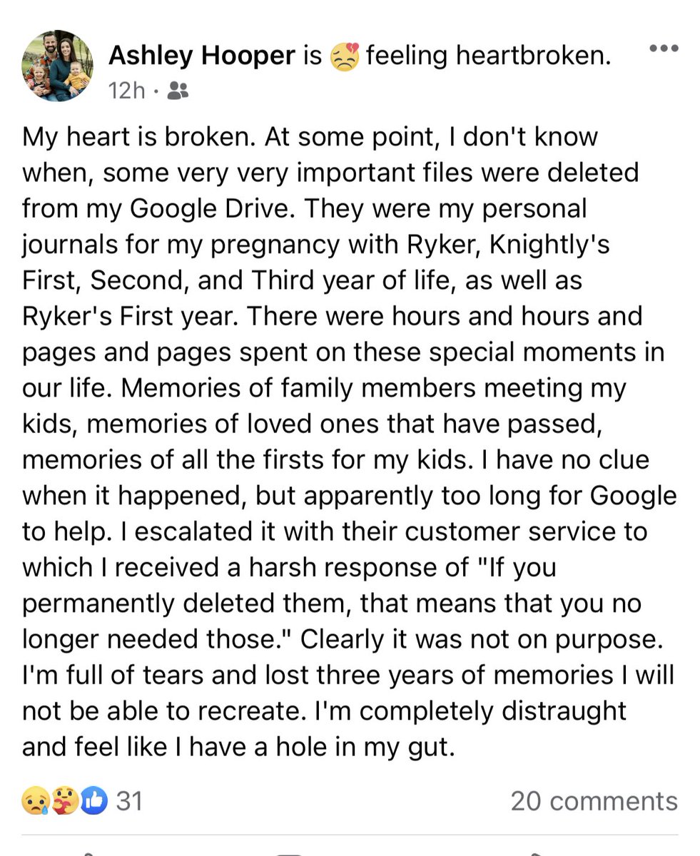 Rodney_Hooper's tweet photo. @Google @GooglePlay @gmail @googlemaps @googledevs @GoogleAI @googledrive @GoogleTrends sister in law lost 3 years of digital diary for children. It disappeared from Google Drive. She spoke with support but was basically told “tough luck”. Who can help her retrieve it? https://t.co/HJhvN9PT4C