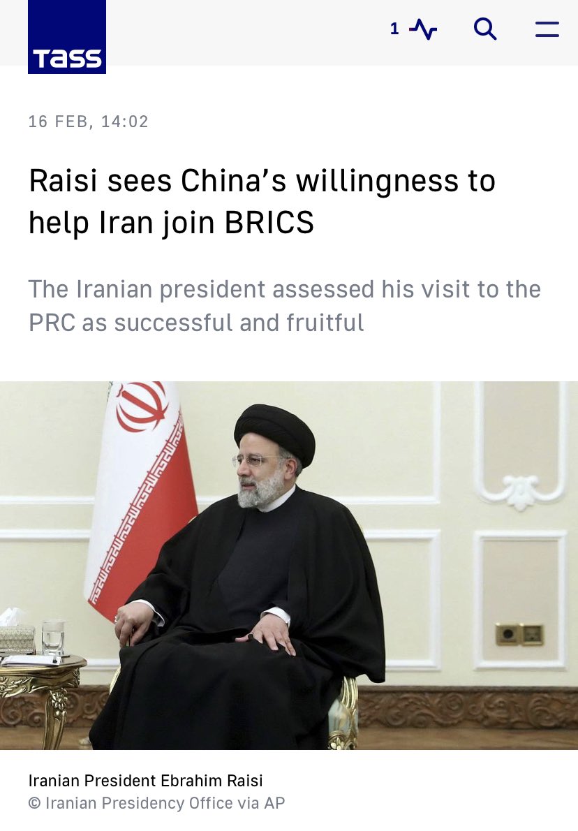 #China befürwortet das Beitrittsgesuch des #Iran! Die #BRICS Staaten werden vom Westen unterschätzt u. der Untergang des $ und der #USA Vorherrschaft wird kommen. Die neue Weltordnung wird nicht so aussehen wie sich gewisse Kreise das vorstellen… Die letzte Option: #Krieg