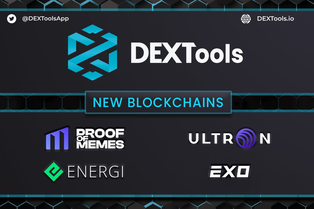 Hi $DEXT Community!

⚙️We just have launched a new <a href="/DEXToolsApp/">DEXTools</a> version where you can explore 4 new blockchains just integrated and enjoy other minor UI improvements and fixes.🛠️

<a href="/Proof_Of_Memes/">Proof Of Memes - POM</a>
<a href="/energi/">Energi</a> 
<a href="/ExosamaNFT/">Exosama</a>
<a href="/ultron_found/">Ultron</a>

We support a total of 6️⃣8️⃣ chains right now!🔝🔥