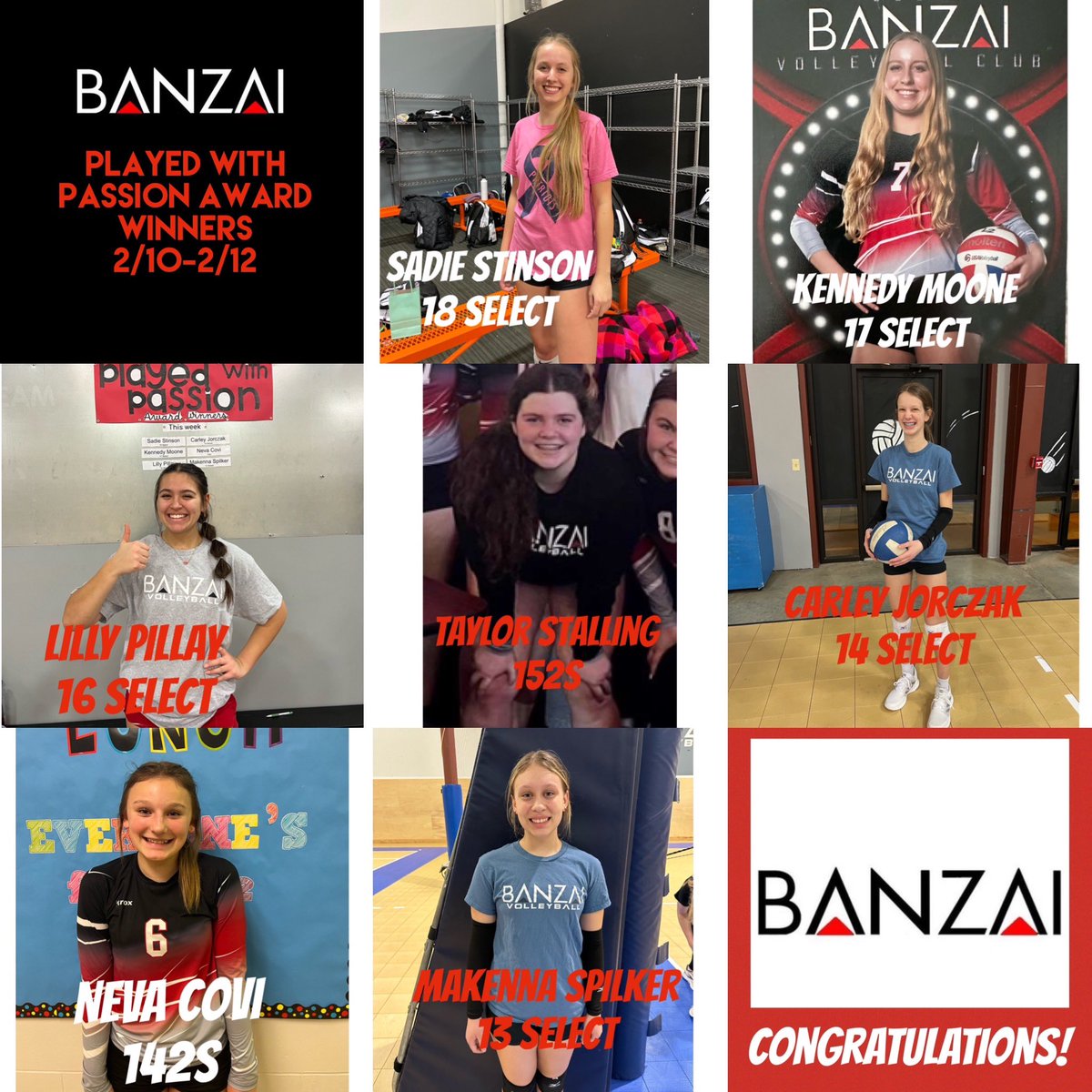 Banzaivb's tweet photo. The Played with Passion award is given out to each team after a tournament. It is not necessarily the MVP of the day, but the person that goes above and beyond in effort no matter their place on the court or bench. Congratulations to last weekends winners!! https://t.co/ZrF9N7yb1B