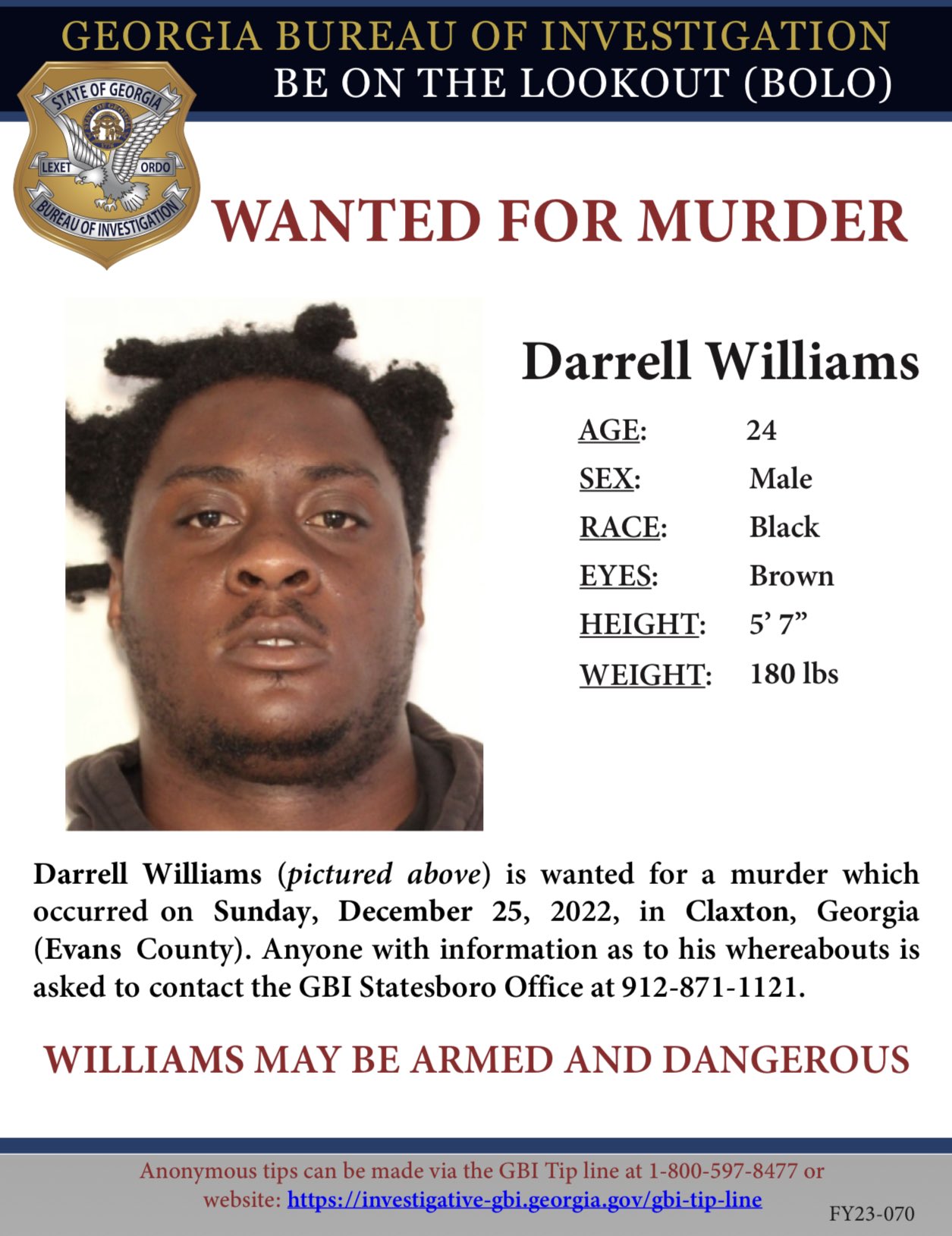 GA Bureau of Investigation on Twitter "🧵Darrell Williams is wanted for