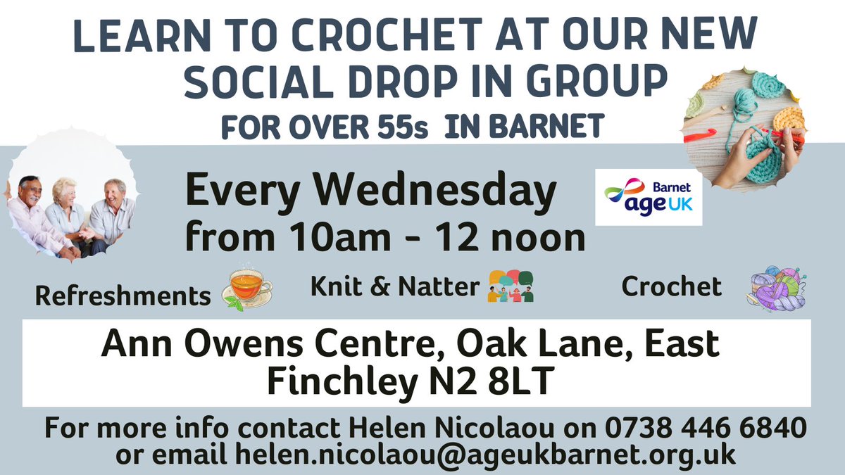 ageukbarnet's tweet photo. If you would like to learn how to crochet or knit, why not join out new social group here at the Ann Owens Centre in East Finchley. Every Wednesday morning ☕️🧶 https://t.co/jpbw3JQos6