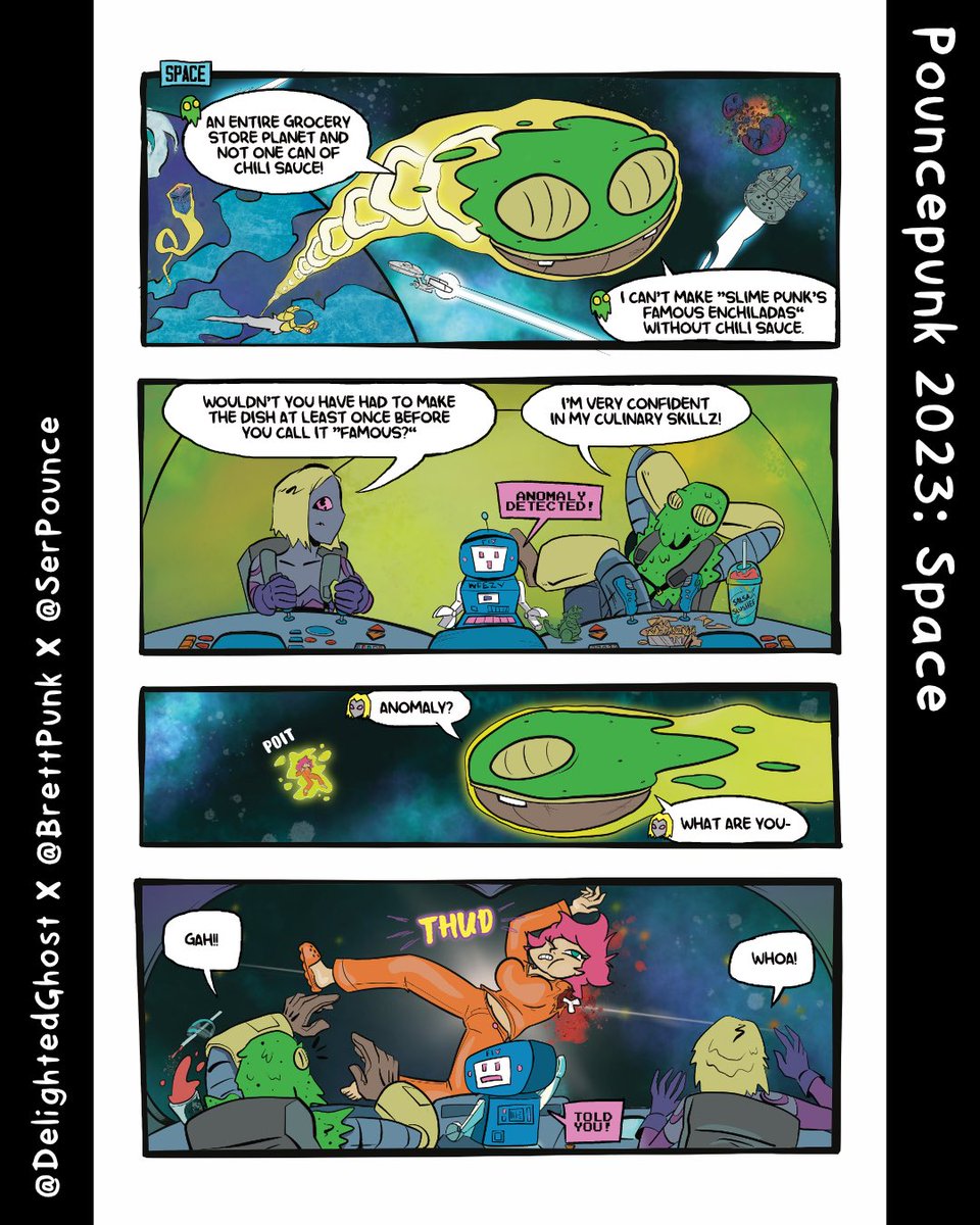 DelightedGhost's tweet photo. Guest artists and #puncepunk23 creators have entered the battle!
@BrettpunkArt - Slimepunk & crew illustrator
@rgravesart - colors
Me - just hanging out
#cosmicadventurerslimepunk #space #crossovercomic https://t.co/pgk4VZZym0