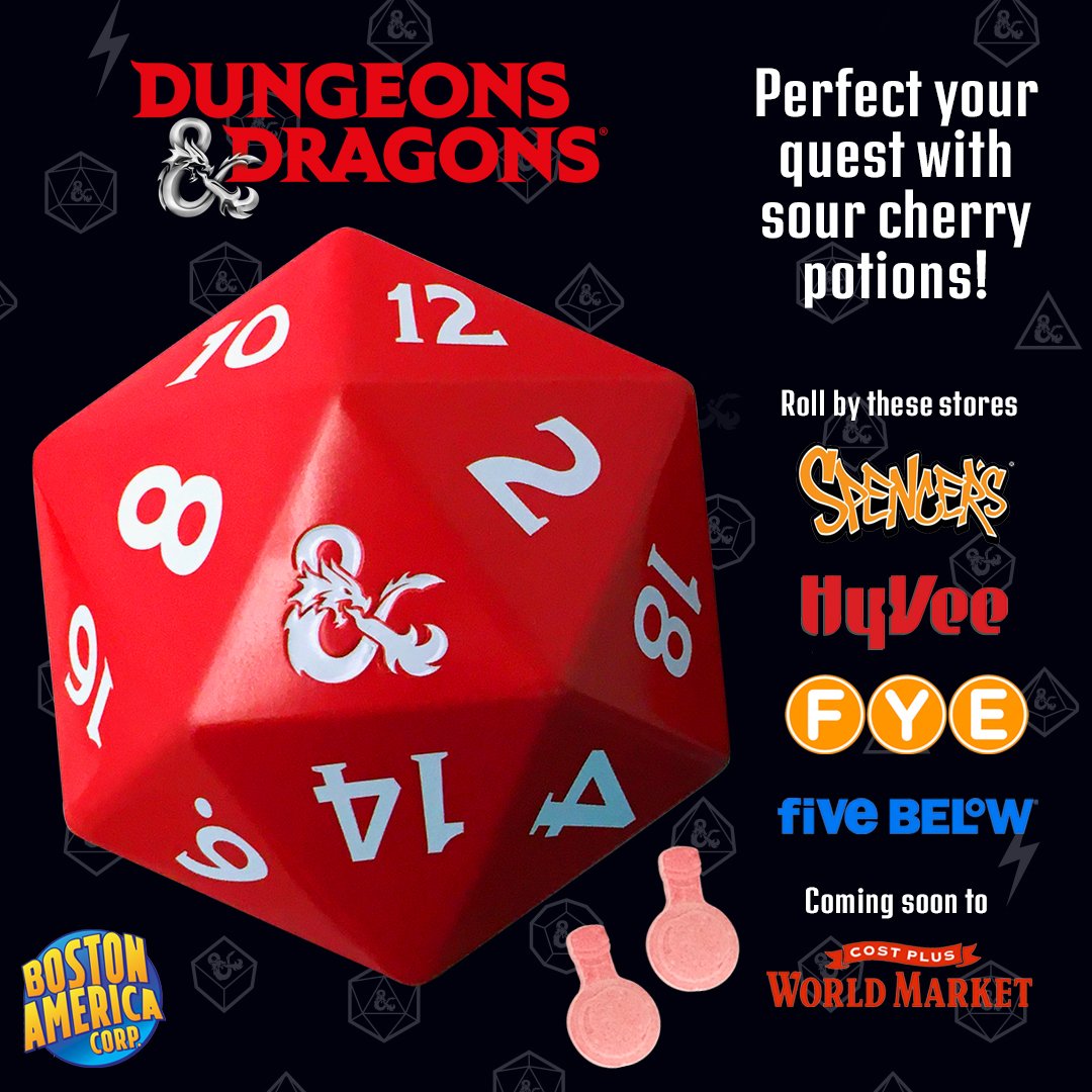 BostonACorp's tweet photo. D20 tin filled with sour cherry potions, take along on your next adventure. Available @Spencers @HyVee @officialfye @fivebelow and coming soon @worldmarket ! #dungeonsanddragons #dungeon23 #d20 #DnD https://t.co/lrHIRh7JEZ