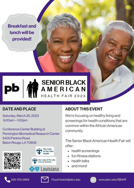 BakerCommerce's tweet image. 2nd Annual Senior Black American Free Health Fair Scheduled for Saturday, March 25, 2023 at the Pennington Biomedical Research Center Conference Building