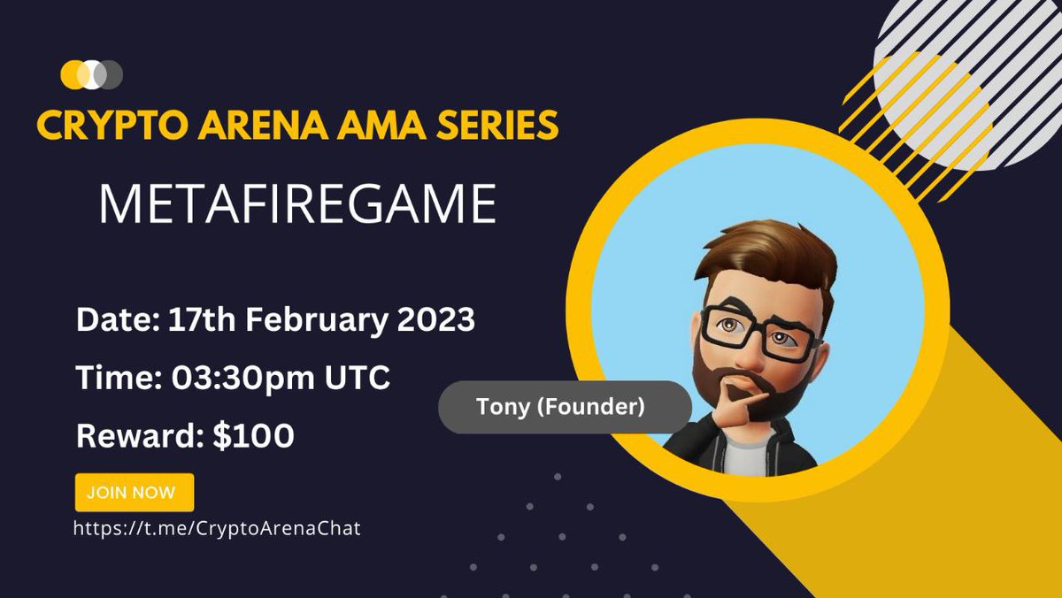 CryptoArena_Co's tweet photo. 🕊CRYPTO ARENA TEAM AMA Series With MetaFireGame |

🎁Prize: $100
📆Date: 17th February 03:30, PM UTC  
🏨 Venue: https://t.co/kLfMFRfACP

〽️ Rules:

1️⃣. Follow 
@ArenaAirdrop
  &amp;
@MetaFire_FPS
2️⃣. Like Retweet &amp; Comment Your Questions.
3⃣. Use all Qustion to #MetaFireGame https://t.co/aWIsQ4GlFm