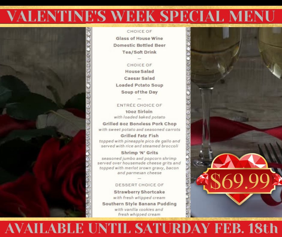 You and your Loved One have Until Saturday, February, 18th, 2023 to Share our Three-Course Dinner for Two for $69.99 +Tax &amp; Gratuity. Available at All Locations fatz.com/locations #threecoursemeal #valentines2023