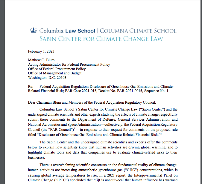 SabinCenter's tweet photo. 📝 The @SabinCenter recently submitted 2 comment letters to the FAR Council on its Proposed Rule,  "Federal Acquisition Regulation: Disclosure of #GreenhouseGas Emissions &amp; Climate-Related Financial Risk.” 🛢️ https://t.co/Cn60LgDwg3