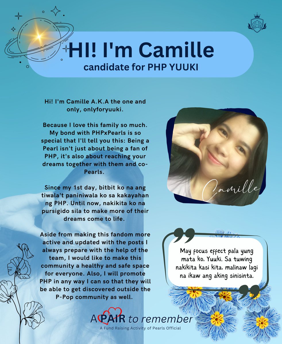 PHPPearls's tweet photo. [💛 A PAIR TO REMEMBER | YUUKI'S PRIMROSE 💙]

CANDIDATE NO. 1 | CAMILLE

LIKE and/or RETWEET to vote! 
*This is 25% of the overall votes for each candidate. 

VOTING PERIOD: February 16-28, 2023

#Press_Hit_Play @PressHitPlay https://t.co/bY8vfou5wx
