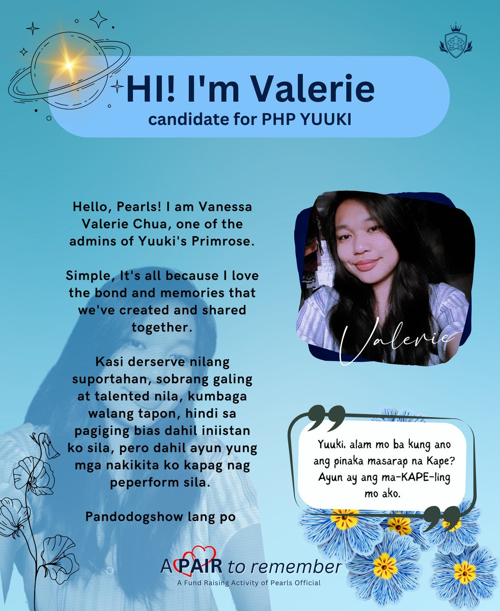 PHPPearls's tweet photo. [💛 A PAIR TO REMEMBER | YUUKI'S PRIMROSE 💙]

CANDIDATE NO. 3 | VALERIE

LIKE and/or RETWEET to vote! 
*This is 25% of the overall votes for each candidate. 

VOTING PERIOD: February 16-28, 2023

#Press_Hit_Play @PressHitPlay https://t.co/sWuLm7SpvB