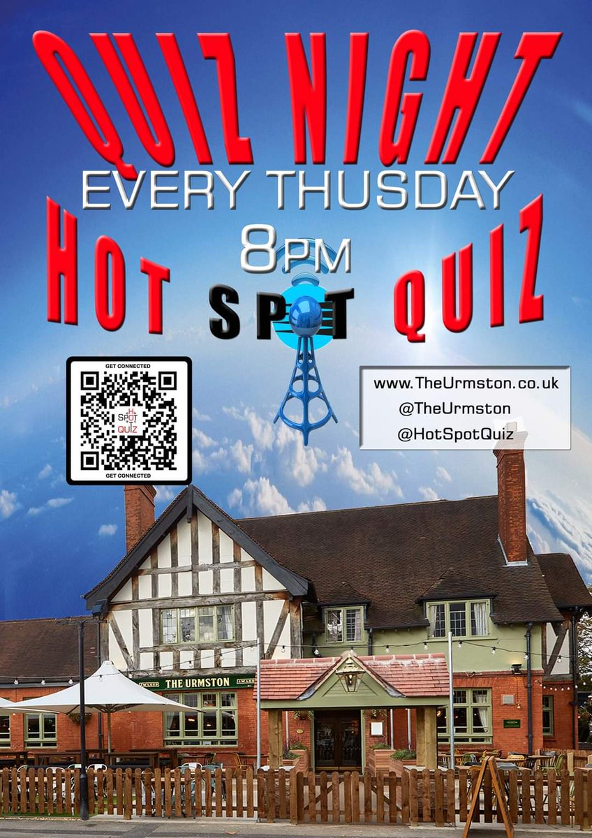 THURSDAY is <a href="/TheUrmston/">The Urmston</a> <a href="/HotSpotQuiz/">Hot Spot Quiz 1.4k</a> Night
Powered by <a href="/SpeedQuizzing/">SpeedQuizzing</a>
I've got more #Conundrums &amp; #Dingbats for you!
It's FREE from 8pm
#UrmstonQuiz #PubQuiz #SpeedQuizzing #PYCR
The Play Your Cards Right Jackpot is £149 ♥️♠️♦️♣️
Sponsored by...
👉 @YourUrmston 🔄
👉 @TransamTv 📡