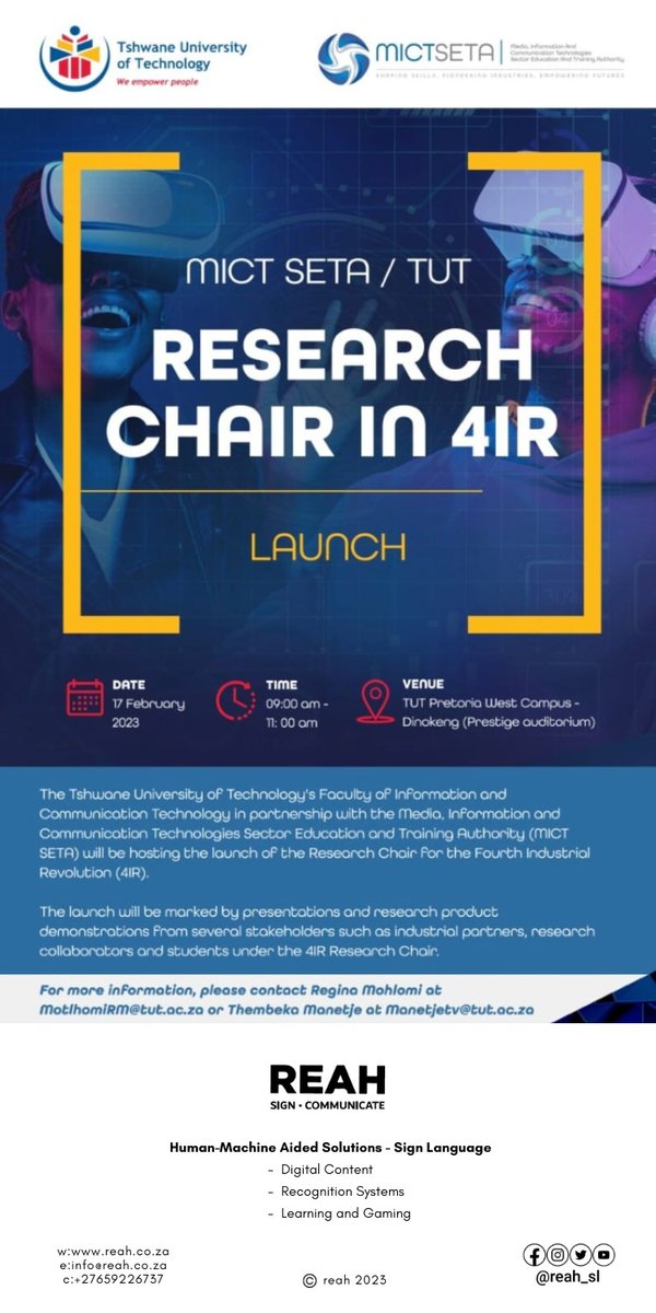 wonderin's tweet photo. 🚨 We are delighted to be part of the launch of the Research Chair for the 4IR hosted by the TUT in partnership with MICT SETA.  

👉🏾Visit the REAH stand to learn more about our commercially ready Human-Machine Aided Solutions 🦾.

#AIForGood #thoughtleadership  #REAH https://t.co/aQOiVNSrTQ