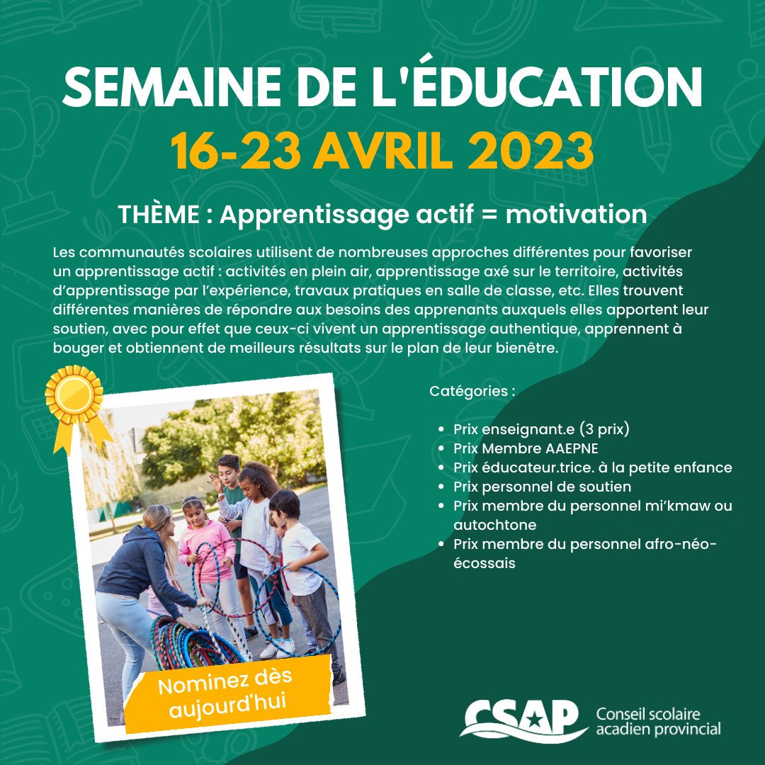 Nominez un.e collègue! 

Les nominations sont ouvertes pour les prix de l'éducation 2023. Vous avez un.e collègue qui se démarque? Soumettez leur nomination avant le 3 mars 2023!

ow.ly/uKoS50MUf2W

** Seulement ouvert aux membres du personnel du CSAP**