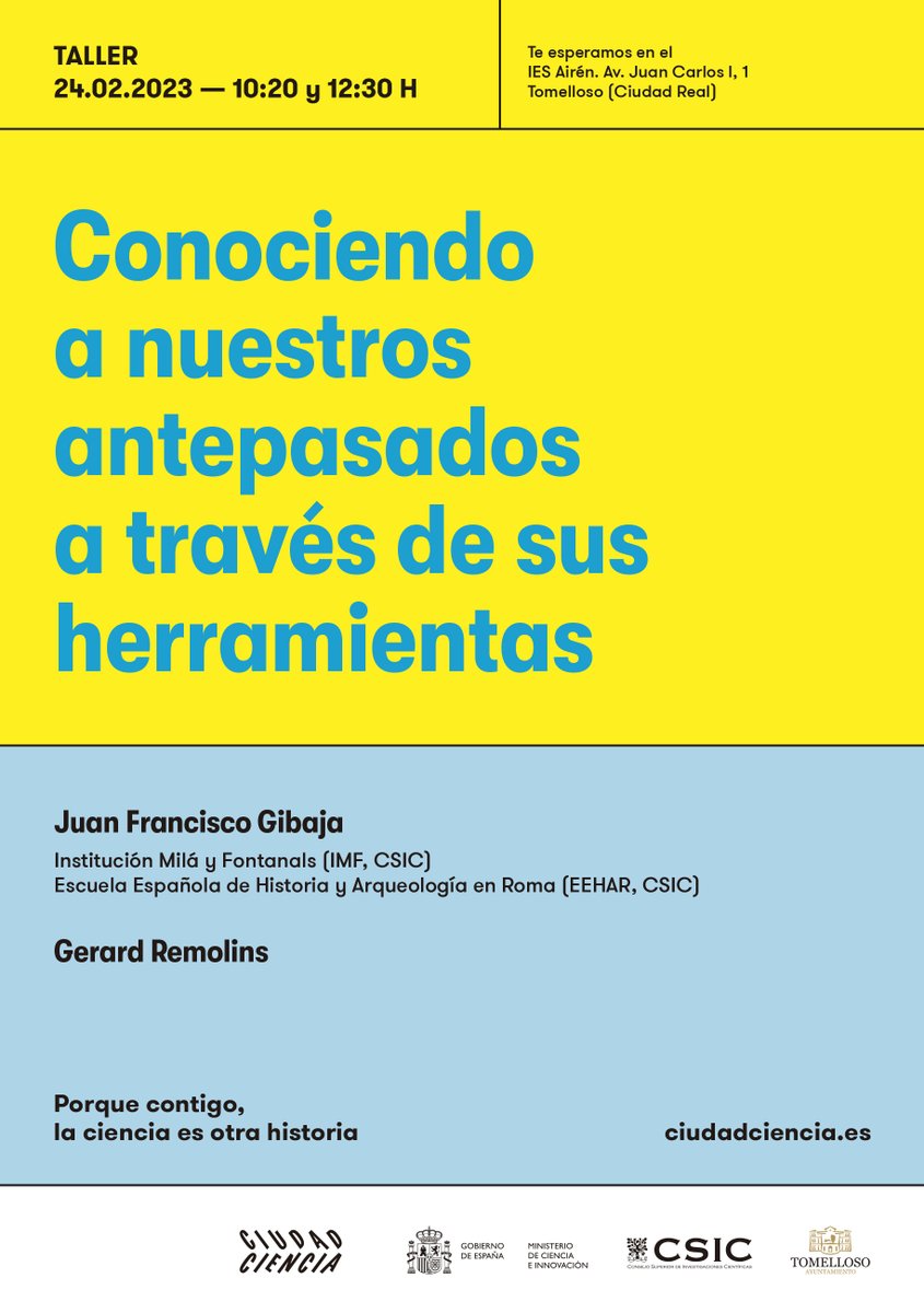Ciudad Ciencia (@ciudadciencia) on Twitter photo El taller de arqueología también estará en el IES Airén de #Tomelloso el próximo 24 de febrero. L@s estudiantes participarán en una excavación virtual 😮y se convertirán en arqueólog@s por un día
#CiudadCiencia ➡️bit.ly/3xsKWkA
<a href="/Ayto_Tomelloso/">Ayuntamiento Tomelloso</a> <a href="/clipe_tomelloso/">Promoción Económica Tomelloso</a> <a href="/ondaairen/">IES Airén - Tomelloso</a> El taller de arqueología también estará en el IES Airén de #Tomelloso el próximo 24 de febrero. L@s estudiantes participarán en una excavación virtual 😮y se convertirán en arqueólog@s por un día
#CiudadCiencia ➡️bit.ly/3xsKWkA
<a href="/Ayto_Tomelloso/">Ayuntamiento Tomelloso</a> <a href="/clipe_tomelloso/">Promoción Económica Tomelloso</a> <a href="/ondaairen/">IES Airén - Tomelloso</a>