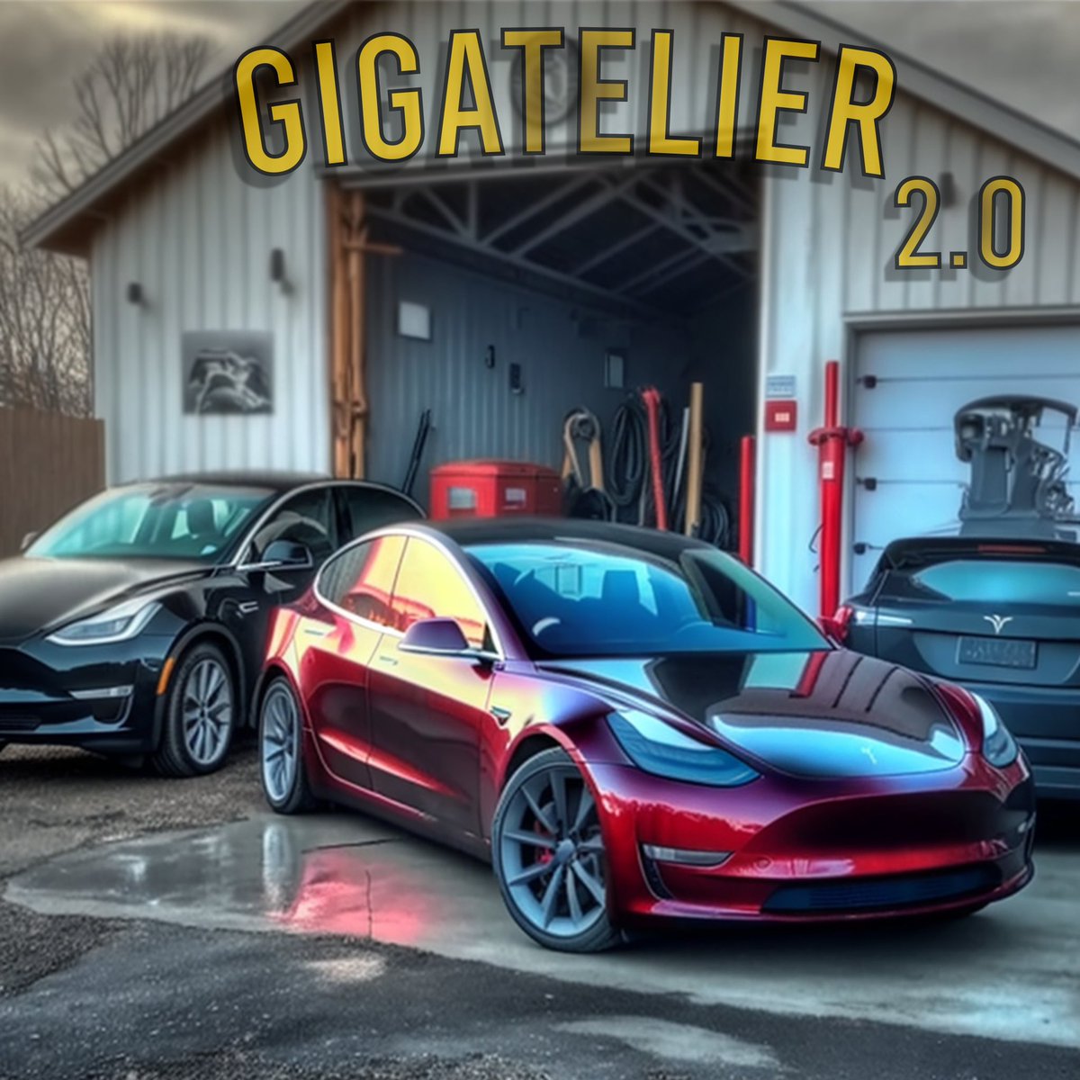 sexycarsme's tweet photo. Résultat partiel de l’IA #midjourney . Pas totalement satisfait de l’affiche officielle du #gigatelier ; envoyez moi vos œuvres sur s3xycarsme@gmail.com. Le vainqueur emporte un T-shirt de la chaîne. : garage ou atelier , 1 ou 2 teslas, ambiance :route66 ou blade runner. https://t.co/Vxor2ibNHz