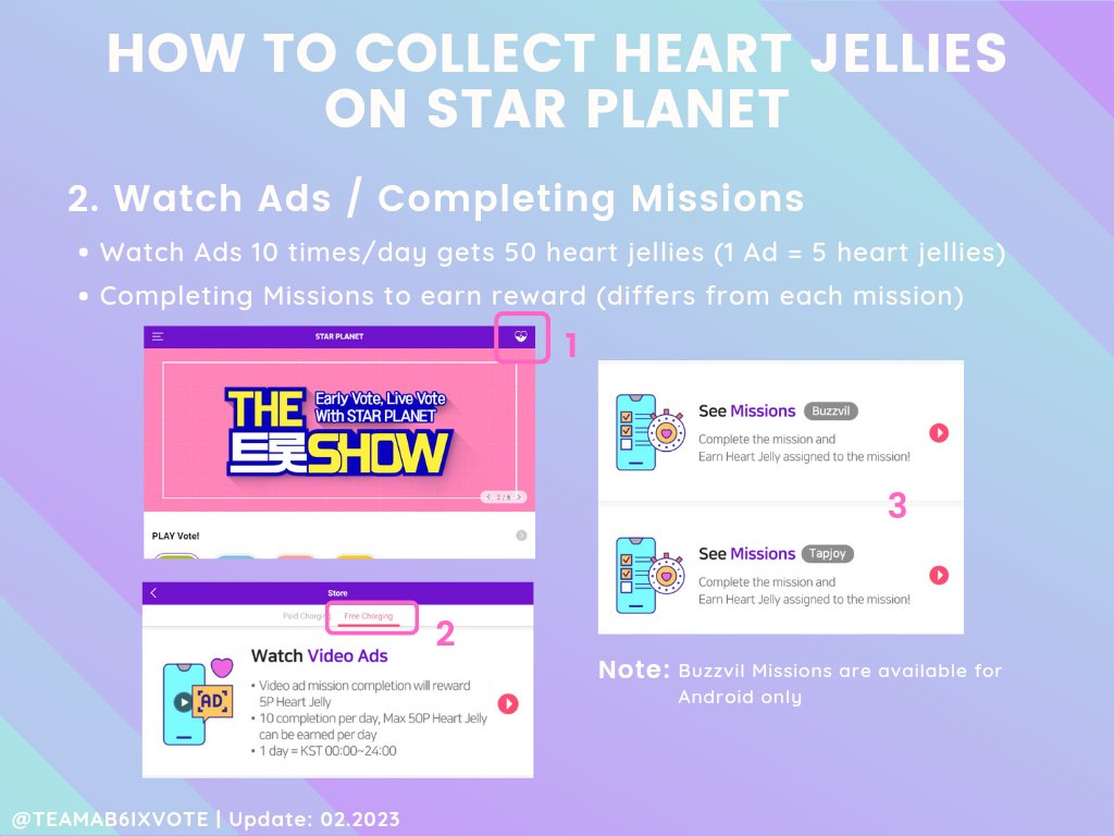 TEAMAB6IXVOTE's tweet photo. [📢] Star Planet | Pre-Voting &amp; Live-Voting on THE SHOW

Update: 02.2023

🎯 Pre-Vote 5% / Live-Vote 10%
🗳 Recommend to have at least 600 heart jellies/acc
✅ Start collecting NOW!

@AB6IX #에이비식스 #전웅 #김동현 #박우진 #이대휘 @AB6IX_MEMBERS https://t.co/SuVrPIazGx