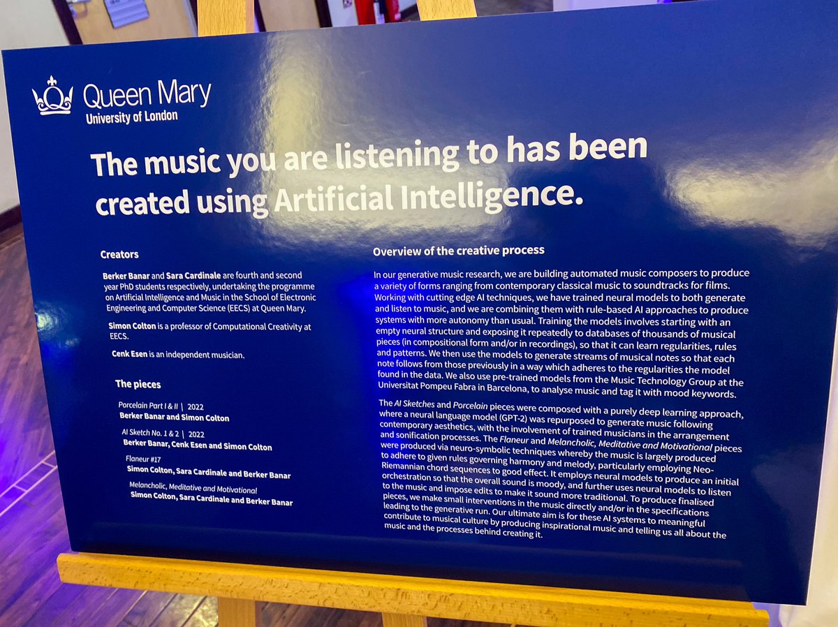 Sara Cardinale (@cardinale_sara) on Twitter photo Last week I got to show off some AI generated music as part of an exhibition night at <a href="/QMULSciEng/">QMUL Sci & Eng News</a>. This is part of my PhD research on modelling emotions in computer generated music, and building the next generation of AI tools for composers. Last week I got to show off some AI generated music as part of an exhibition night at <a href="/QMULSciEng/">QMUL Sci & Eng News</a>. This is part of my PhD research on modelling emotions in computer generated music, and building the next generation of AI tools for composers.