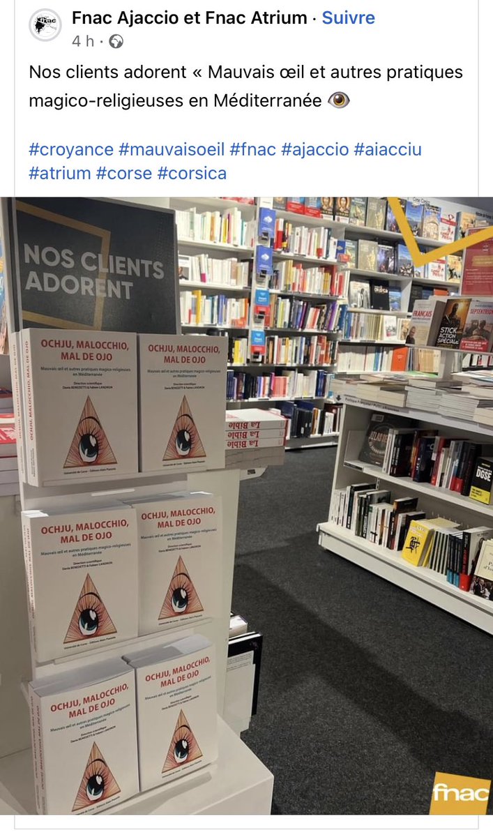 fabienland's tweet image. Apparemment, les clients des FNAC ajacciennes adorent notre ouvrage… et nous aussi du coup ! 👁️🤘 @DaviaBenedetti @umrlisa @UnivCorse @FLLASHS #ochju #malocchio #maldeojo