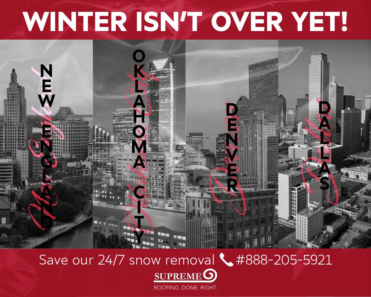 Winter Isn’t Over Yet!

-New England
-Oklahoma City
-Denver 
-Dallas

We have a 24/7 team ready to handle the next winter storm! 

#newengland #okc #denver #snowremoval #commercialroofing #buildingowners #supremeroofing #roofingdoneright #dallasTX #dallas