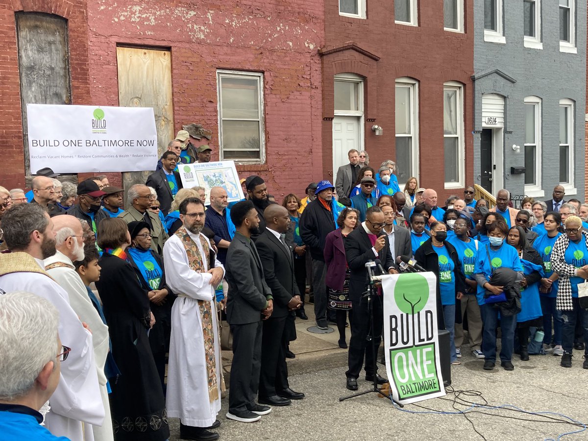kenduffynews's tweet photo. Dozens of faith &amp; community leaders along with Mayor Scott here in west Baltimore calling for plan of action to address vacant housing citywide

A report from BUILD Baltimore says it will take at least $7.5B

“It’s not just the right thing to do.  We have to do it.” @wbalradio https://t.co/s4zAt2Yfs0
