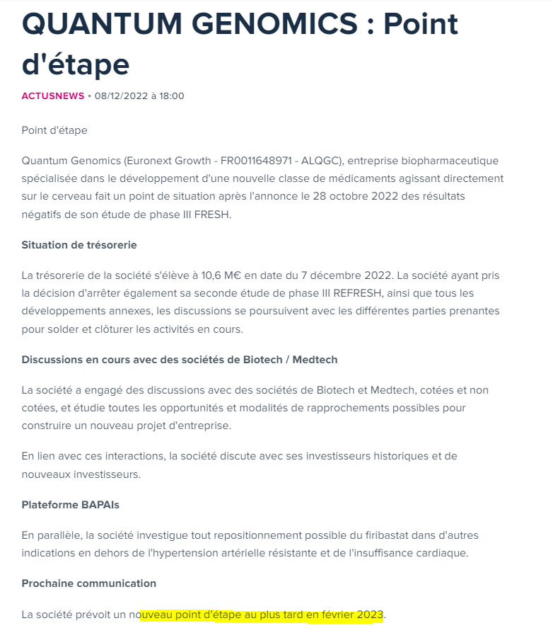 bob56300's tweet photo. #quantumgenomics La société prévoit un nouveau point d'étape au plus tard en février 2023 $alqgc https://t.co/vWxjxJaHW1