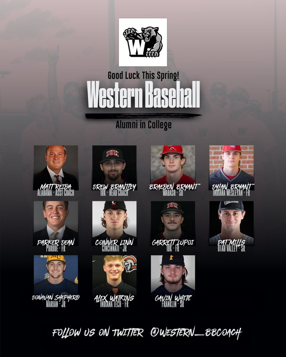 Western Baseball (@western_bbcoach) on Twitter photo GOOD LUCK to our college baseball alums playing & coaching this spring. Proud of you! <a href="/Panthers_AD/">Western Athletic Department</a> <a href="/WSC_Panthers/">Western School Corp</a> <a href="/IHSBCA/">IN Baseball Coaches</a> @HomePlateBAI <a href="/AlabamaBSB/">Alabama Baseball</a> <a href="/IUKBaseball/">IU Kokomo Baseball</a> <a href="/WabashBaseball/">Wabash Baseball</a> <a href="/IWU_Baseball/">Illinois Wesleyan Baseball</a> <a href="/PurdueBaseball/">Purdue Baseball</a> <a href="/GoBearcatsBASE/">Cincinnati Baseball</a> <a href="/UVUbsb/">UVU Baseball</a> <a href="/MarianUBaseball/">Marian Baseball</a> <a href="/INTechBaseball/">Indiana Tech Baseball</a> <a href="/FCGrizBaseball/">Coach Marshall</a> GOOD LUCK to our college baseball alums playing & coaching this spring. Proud of you! <a href="/Panthers_AD/">Western Athletic Department</a> <a href="/WSC_Panthers/">Western School Corp</a> <a href="/IHSBCA/">IN Baseball Coaches</a> @HomePlateBAI <a href="/AlabamaBSB/">Alabama Baseball</a> <a href="/IUKBaseball/">IU Kokomo Baseball</a> <a href="/WabashBaseball/">Wabash Baseball</a> <a href="/IWU_Baseball/">Illinois Wesleyan Baseball</a> <a href="/PurdueBaseball/">Purdue Baseball</a> <a href="/GoBearcatsBASE/">Cincinnati Baseball</a> <a href="/UVUbsb/">UVU Baseball</a> <a href="/MarianUBaseball/">Marian Baseball</a> <a href="/INTechBaseball/">Indiana Tech Baseball</a> <a href="/FCGrizBaseball/">Coach Marshall</a>