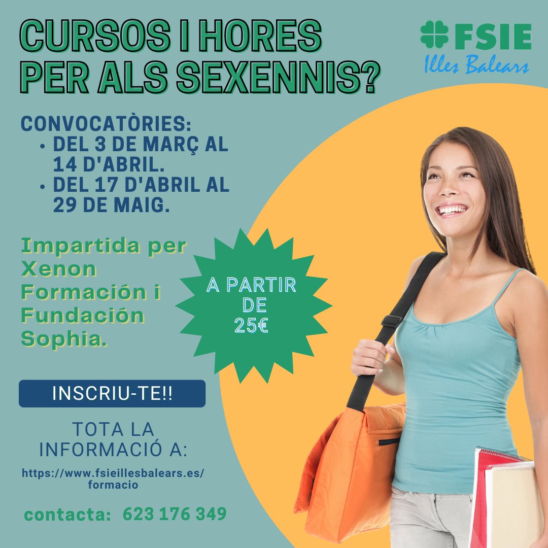 fsieib's tweet photo. Ja tens totes les hores de formació necessàries? Inscriu-te ara! Cursos HOMOLOGATS per la Conselleria d'Educació. #fsie #fsieib #fsieillesbalears #formaciohomologada #compromisosFSIE #ambtuFSIE #comunitatFSIE #somFSIE #somlatevaveu https://t.co/36JML2kDi7