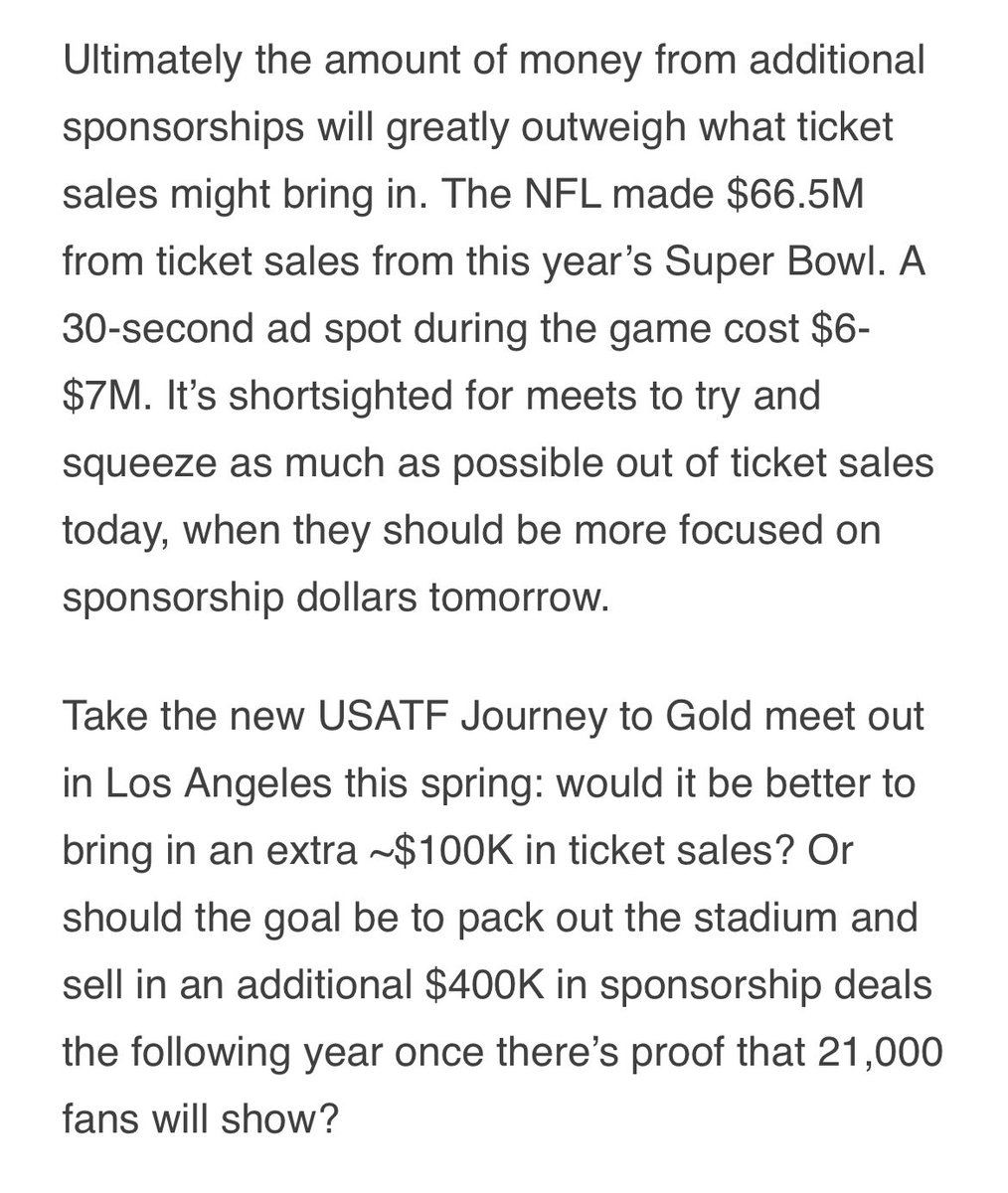 When I was in college the students were given free entry and beer for going to football games — should track meets follow the same strategy to make sure stadiums are full?