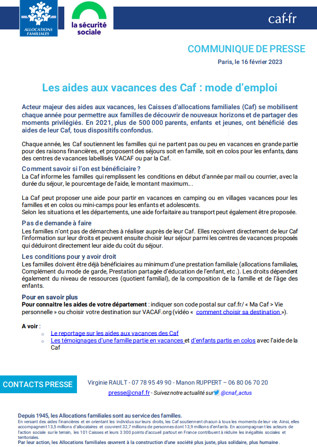 #solidarite 

🏖️Comme chaque année, les Caf se mobilisent pour permettre aux familles modestes de profiter d'un départ en #vacances

En 2021, ces aides ont permis à plus de 500 000 parents &amp; enfants de bénéficier d'un départ en colo' ou d'un séjour en famille à prix réduit.