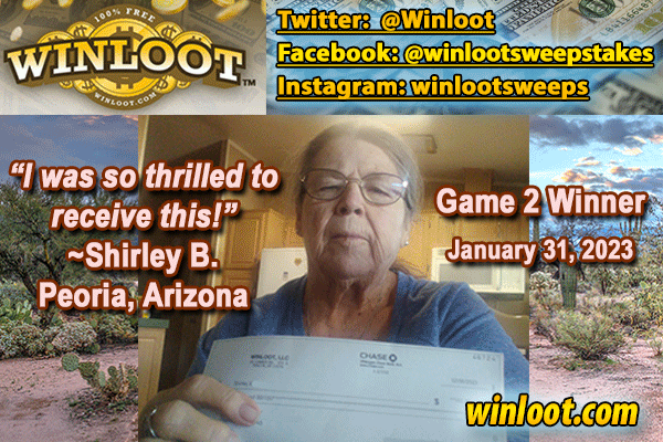 Winloot's tweet photo. Congratulations to Shirley B. of Peoria, Arizona
$100 Game 2 Winner January 31, 2023!
Thank you for the kind words and winner photo!😊

Play Winloot 100% Free: https://t.co/EYvEIqDWZo

#Winloot #Sweepstakes #games #HappyWinner https://t.co/rDG4Tpp7sQ