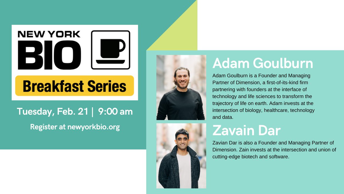 newyorkbio's tweet photo. Our #VirtualBreakfast series returns next Tuesday the 21st!

We will be joined by two guests, @AGoulburn and @zavaindar, both #Founders and Managing Partners of @_DimensionCap.
Come join us Tuesday morning at 9AM. Use the link below to register. 
https://t.co/6iKdPMAx59 https://t.co/sCQKdJpIaW