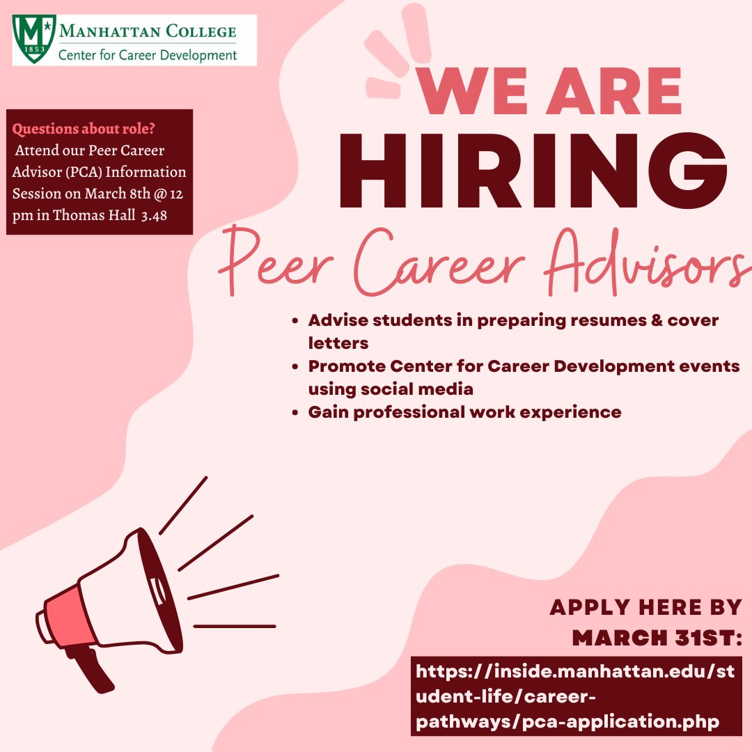 The Center for Career Development is looking for new Peer Career Advisors! We’ll be hosting an information session on March 8th to discuss what it takes to be a PCA and answer any student questions. 

Application deadline is Friday, March 31st!