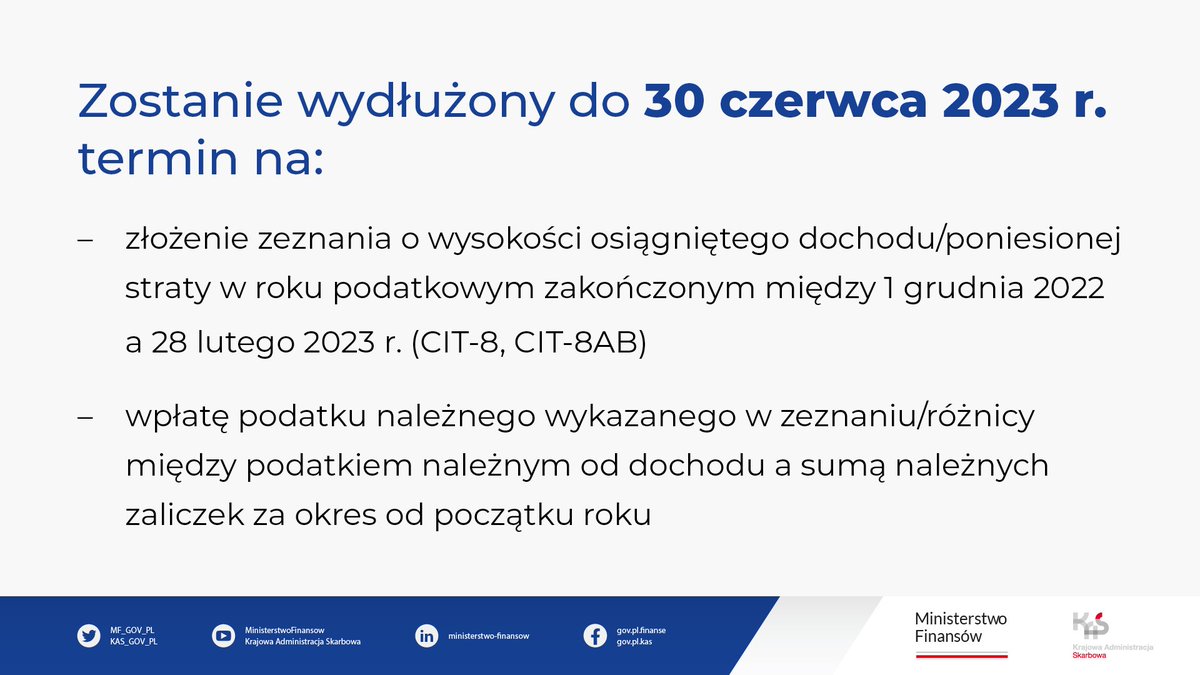 Projekt rozporządzenia, które wydłuży terminy rozliczenia rocznego #CIT, jest reakcją na postulaty m. in. środowisk księgowych
Rozwiązanie zwiększy komfort i bezpieczeństwo podatników w zmiennej sytuacji makroekonomicznej.
Projekt jest dostępny na stronie legislacja.gov.pl.