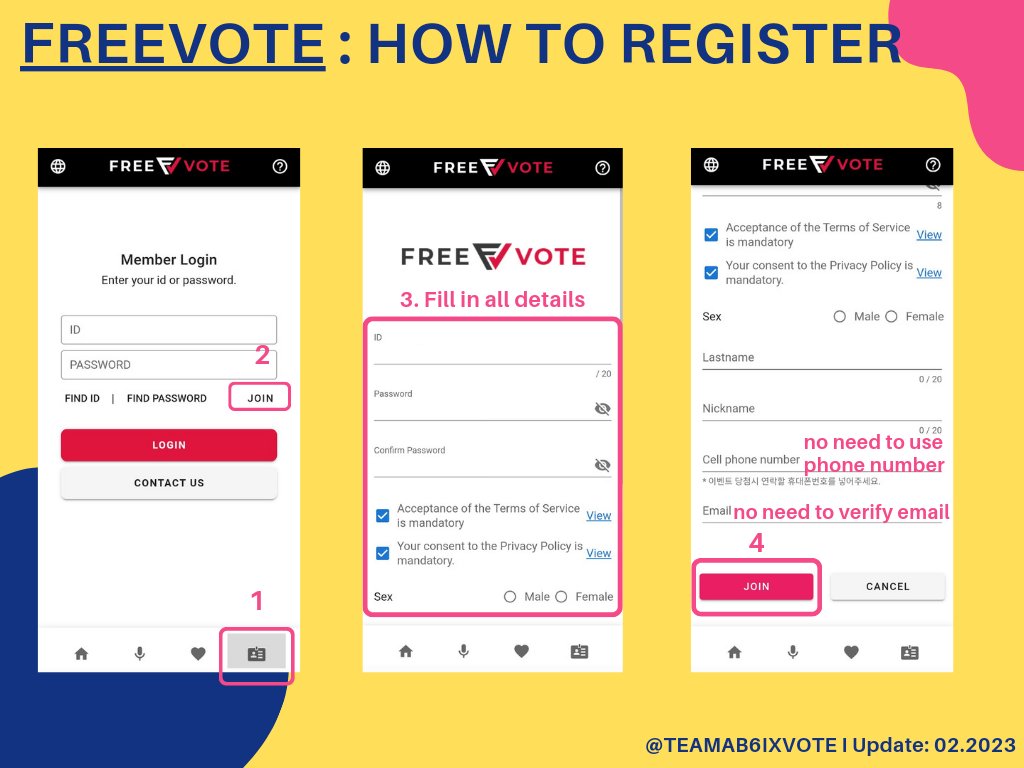 TEAMAB6IXVOTE's tweet photo. [📢] INKIGAYO Live-Voting on FREEVOTE

Update: 02.2023

🎯 Pre-Vote 5% (Melon) / Live-Vote 5% (FREEVOTE)
🗳 Limit 5 votes / ID (1 vote = 30 ❤️)
☑️ Available for Hot Stage 100% Voting

@AB6IX #에이비식스 #전웅 #김동현 #박우진 #이대휘 @AB6IX_MEMBERS https://t.co/FJMYREhBAR