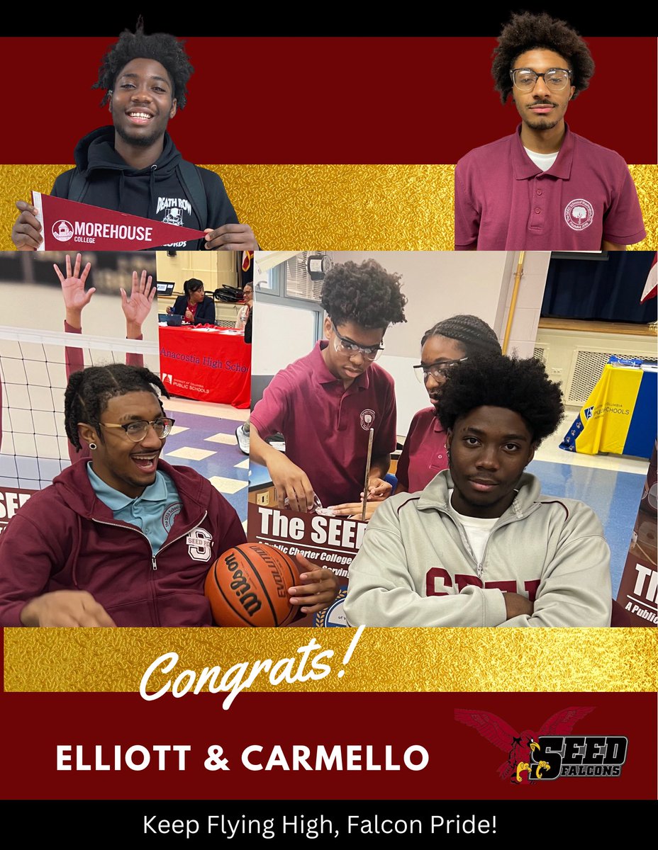 TheSEEDSchoolDC's tweet photo. Seed DC Class of 2023 has worked hard on their College Applications.

Congratulations are due to Elliot F., and Carmello M., on their college acceptance into Morehouse College &amp; Gonzaga University.

Elliott wants to major in Pre-Dental and Carmello Mathematics. @dcpcsb https://t.co/ATYXga3Vkv
