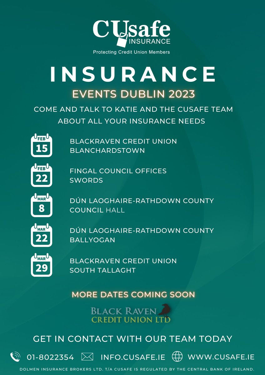 CU_Safe's tweet photo. Over the next few weeks, our CUSafe team will be on the road holding insurance days Black Raven Credit Union Limited, and we'd love for you to join us.

Fnd out more at: https://t.co/6Te0AZgikz
Email: INFO@CUSAFE.IE
Call: 01 802 2354
#creditunion #creditunioninsurance #insurance https://t.co/x9AKzdy0xy