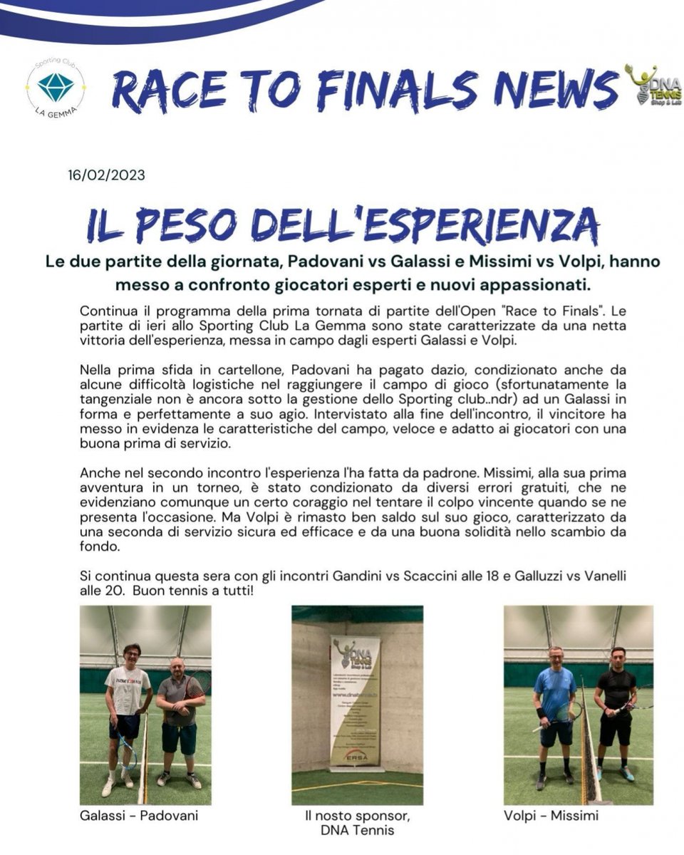 Le due partite della giornata, Padovani vs Galassi e Missimi vs Volpi, hanno messo a confronto giocatori esperti e nuovi appassionati.

#tennis #finals #sportingclublagemma #torneo #champion #master #barlagemma #fun #sport #mairano #casalettolodigiano #dnatennis #shopandlab…