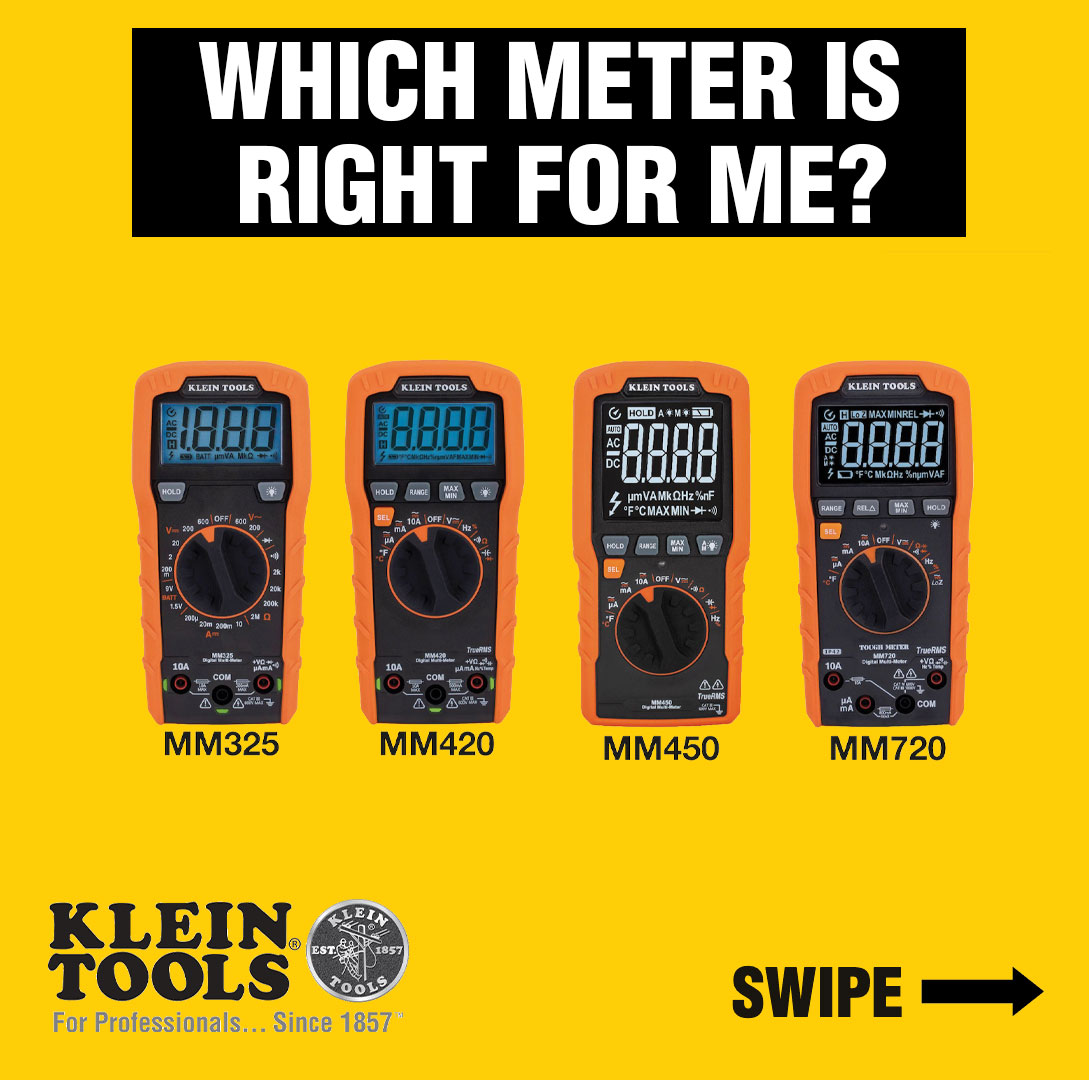 Klein1857's tweet photo. Which Klein Tools multimeter is right for you?🤔
Swipe to see the different features and uses of our newest range of meters, so that you can figure out which meter is best suited to the work that you do ⚡️
#kleintools #multimeters #testing https://t.co/PFEVS0vuyx