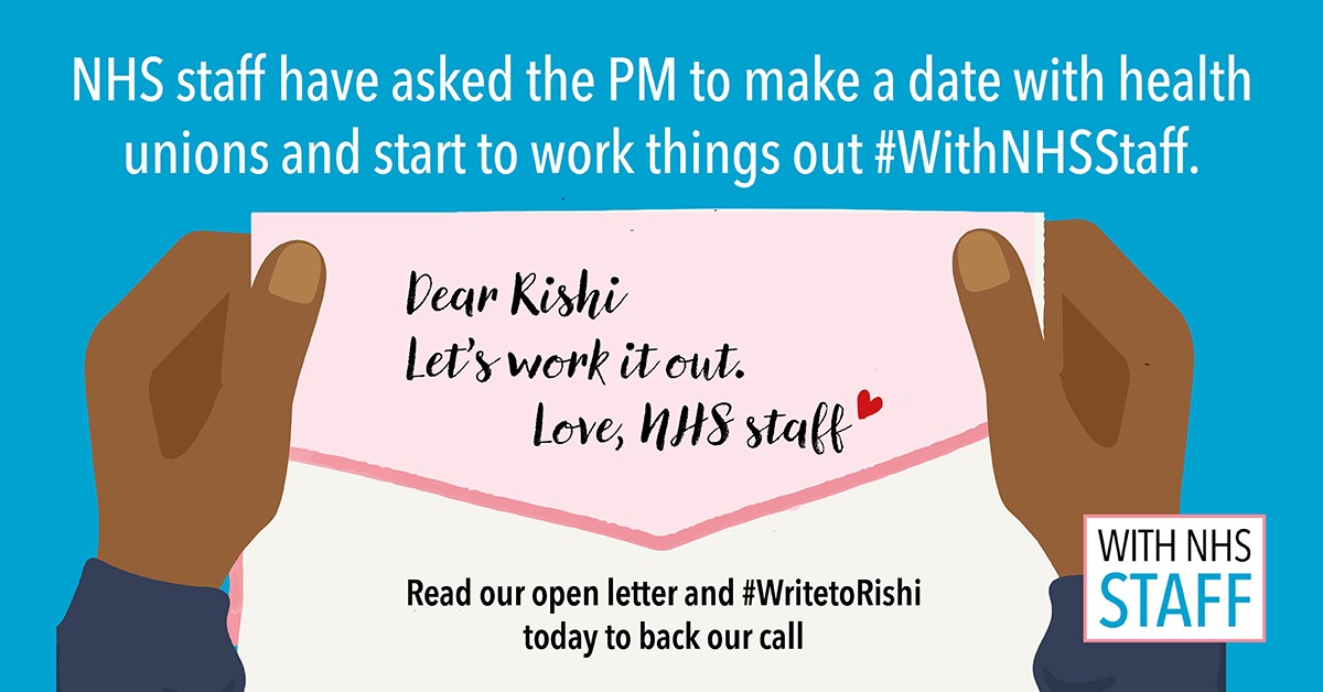 SCoRMembers's tweet photo. #WithNHSStaff have written to the PM, asking him to meet with health unions to resolve the current pay dispute.
📑Read our letter here: https://t.co/qc4HVf9gPV
✒️ Or #WritetoRishi to back our call: https://t.co/bnaFIyeSkm https://t.co/q6kBVYLdUp