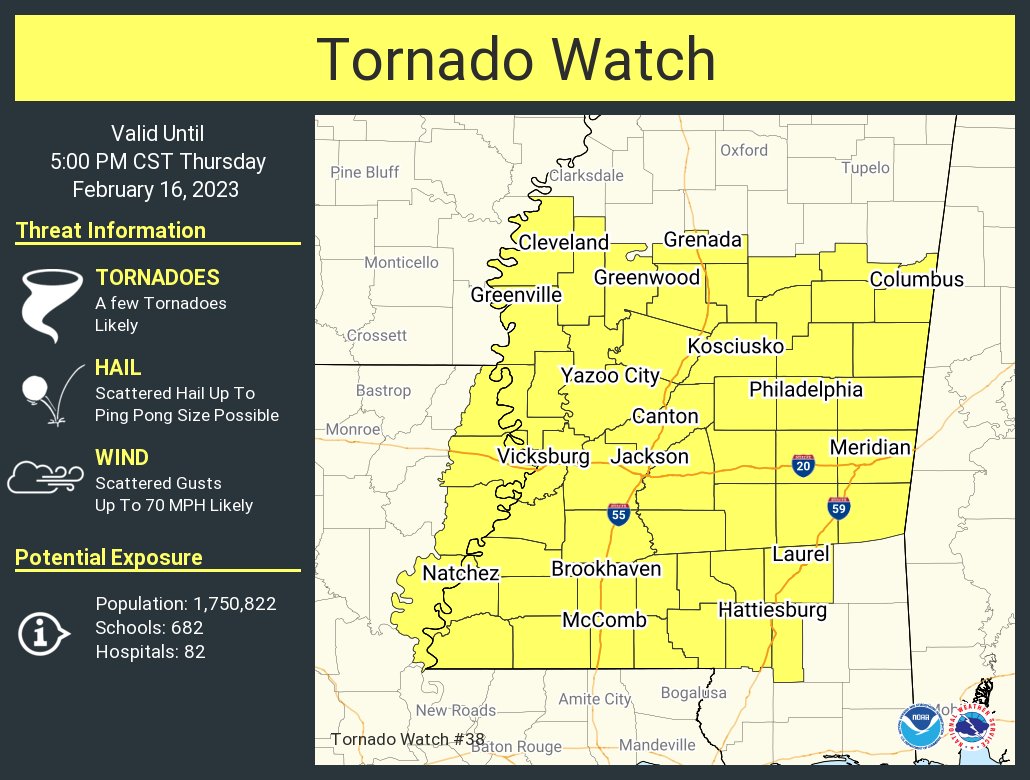 A tornado watch has been issued for parts of Louisiana and Mississippi until 5 PM CST