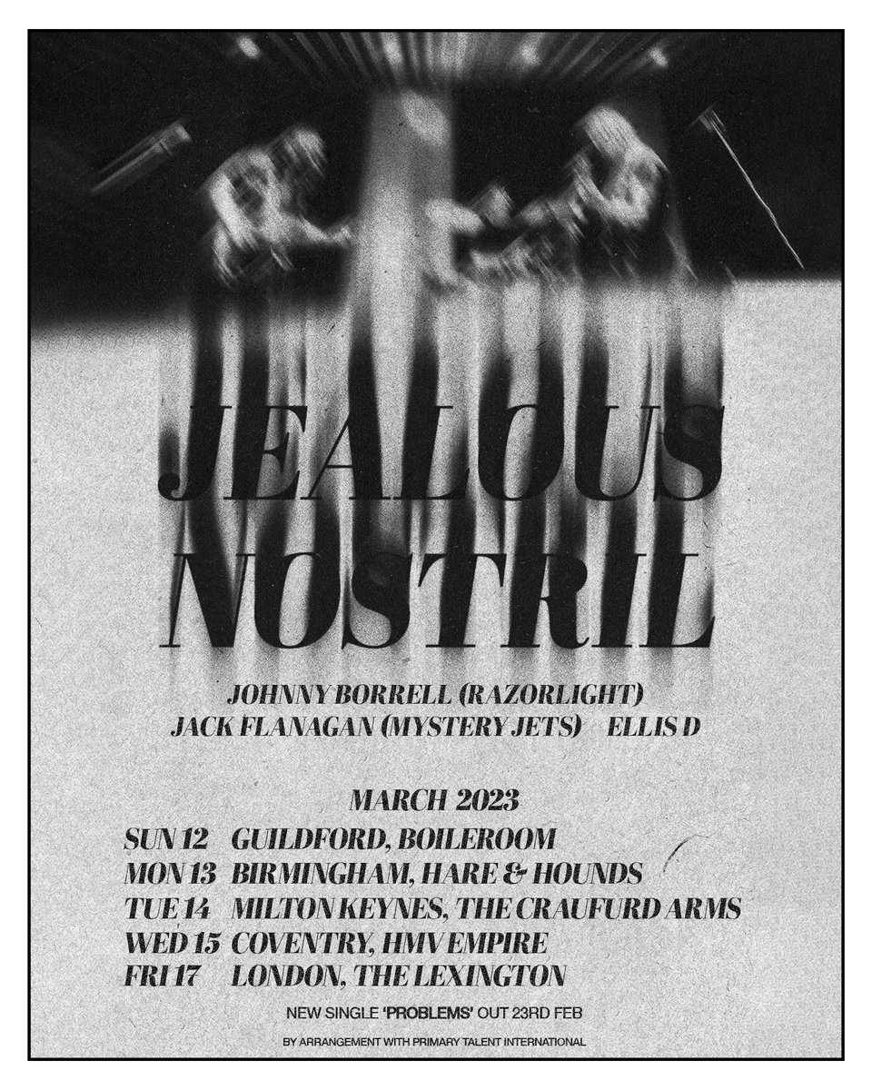 Jealous Nostril going back on the road in March!!! Death to all synth-pop loving, woh woh woh singing, moon june spoon rhyming, backing track hiding, click tracking bullshit bands!!!!!!!!!! (does that qualify as hate speech?) See you at the shows, this nostril is ready to blow