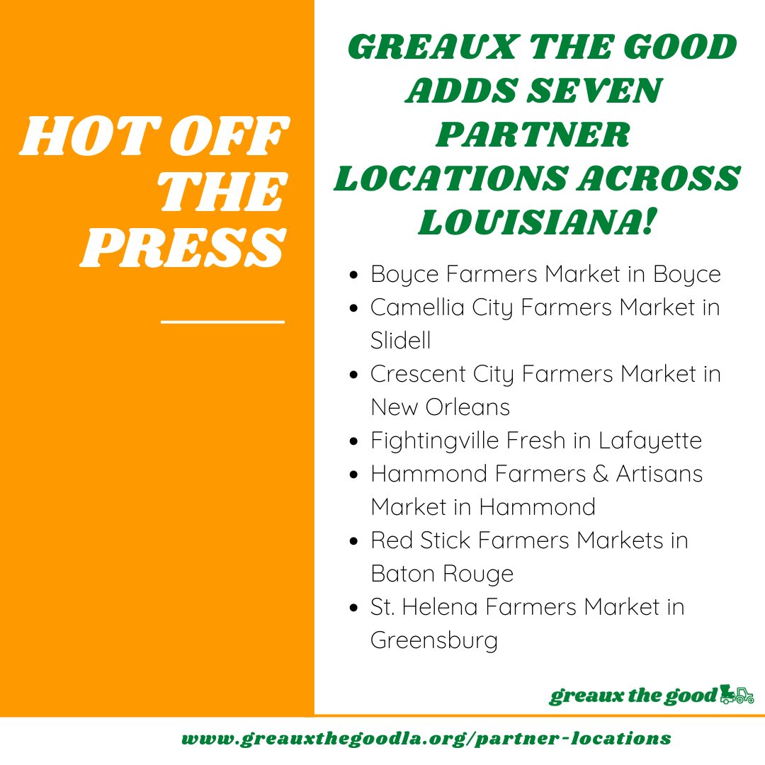 HOT OFF THE PRESS! We've added seven new partners across Louisiana to help increase food access by creating or expanding SNAP Market Match programs with Greaux the Good!
Check out the full press release here: greauxthegoodla.org/pressreleases
#shopleauxcal #shoplocal