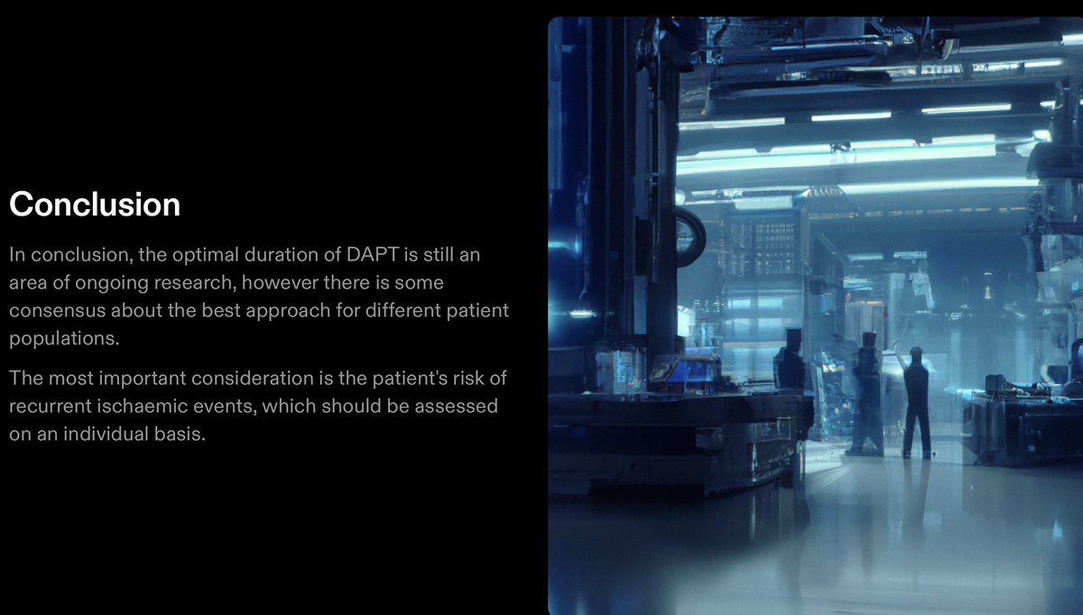 DFCapodanno's tweet photo. I asked one of these new AI tools (https://t.co/Io78wJu5Ke) to prepare me a presentation on duration of DAPT and the result is a sci-fi horror movie where the evil Dr Clopidogrel and his army of aspirin zombies prepare a plan to destroy the P2Y12 Receptor. https://t.co/QnfxGLmR63