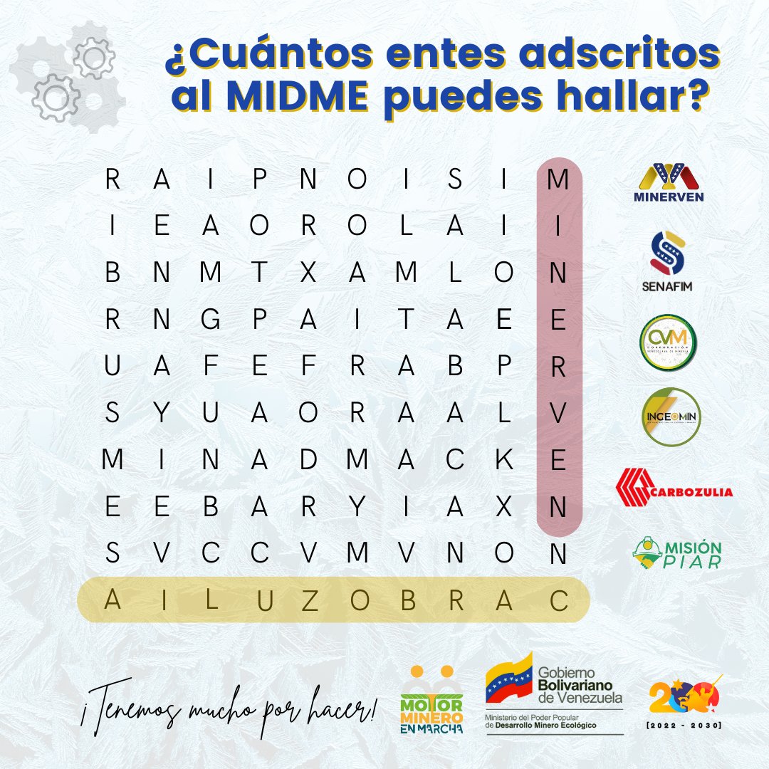 Minerven C.A (@minerven_ca) on Twitter photo #16FEB📢🇻🇪 #BuscadorMineral
🔍¿Puedes hallar a todos los entes adscritos a <a href="/VeEcomineria/">Desarrollo Minero Ecológico</a> #Midme?
-
La capacidad de concentración, memoria paciencia, persistencia y fluidez lingüística son los beneficios que genera esta sana práctica.
#Minerven #16FEB📢🇻🇪 #BuscadorMineral
🔍¿Puedes hallar a todos los entes adscritos a <a href="/VeEcomineria/">Desarrollo Minero Ecológico</a> #Midme?
-
La capacidad de concentración, memoria paciencia, persistencia y fluidez lingüística son los beneficios que genera esta sana práctica.
#Minerven